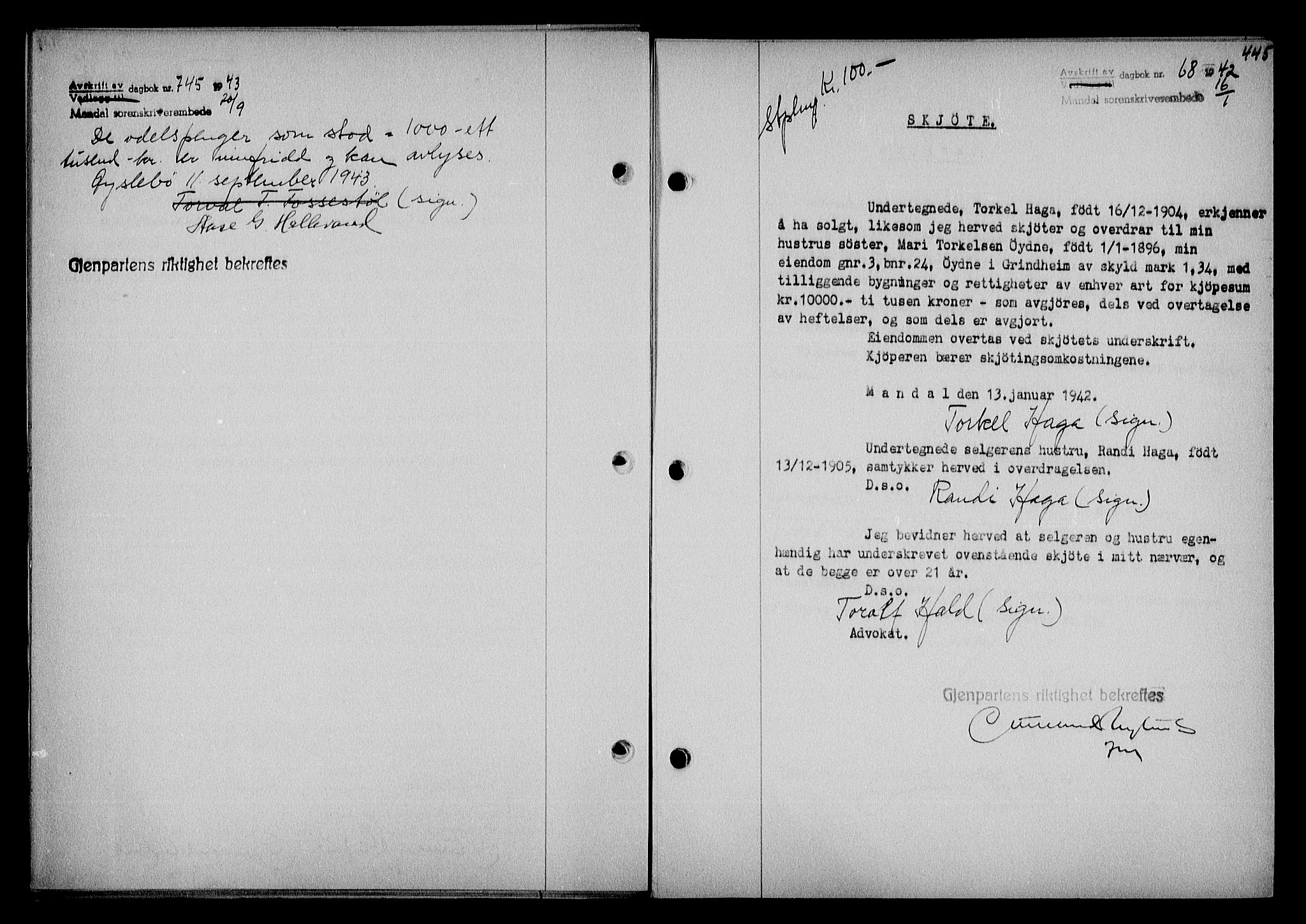 Mandal sorenskriveri, SAK/1221-0005/001/G/Gb/Gba/L0074: Pantebok nr. A-11, 1942-1943, Dagboknr: 68/1942