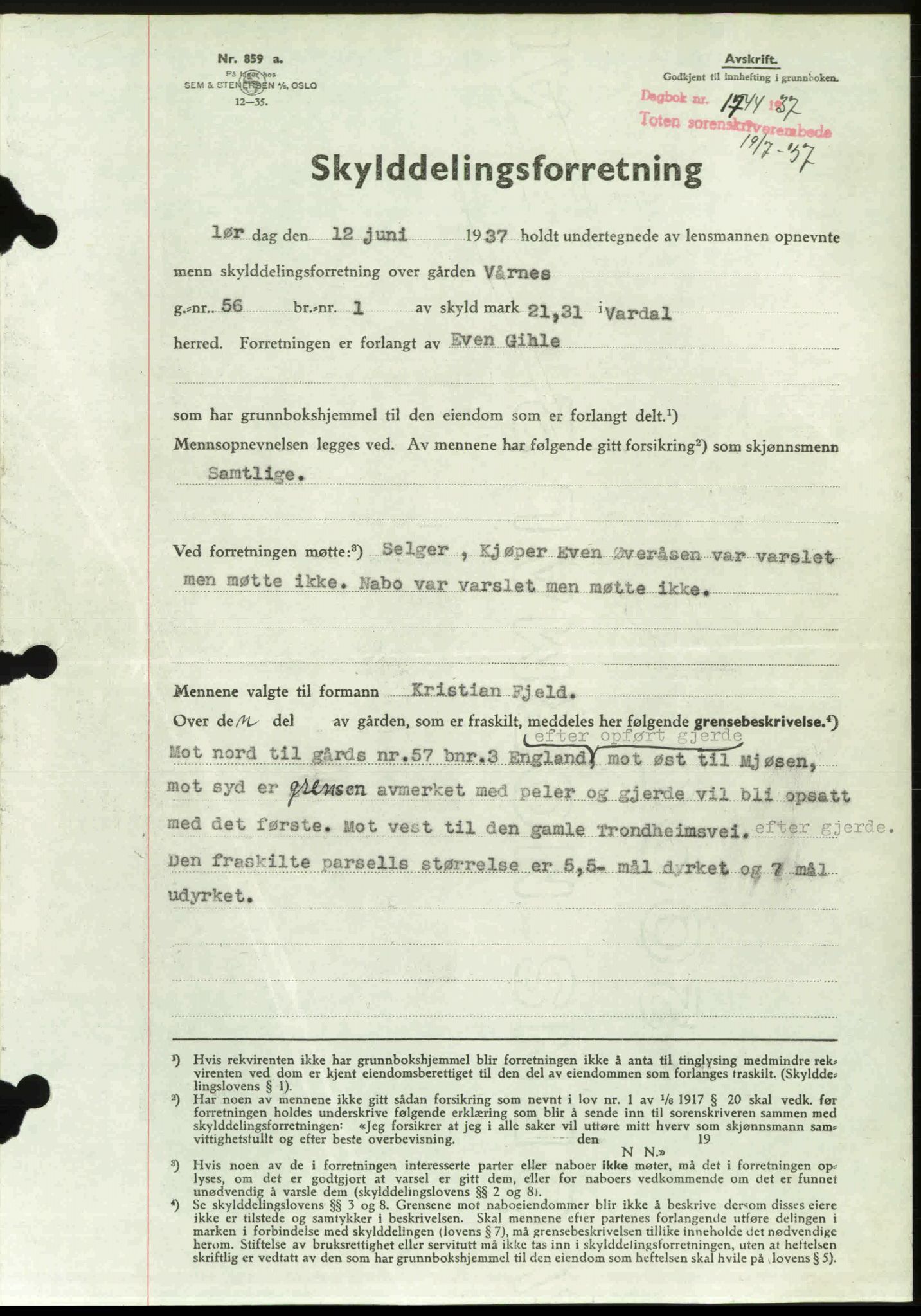 Toten tingrett, SAH/TING-006/H/Hb/Hbc/L0003: Pantebok nr. Hbc-03, 1937-1938, Dagboknr: 1744/1937