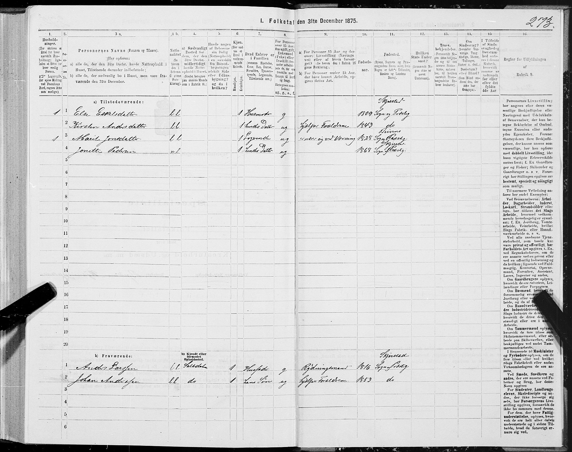 SAT, Folketelling 1875 for 1842P Skjerstad prestegjeld, 1875, s. 1273