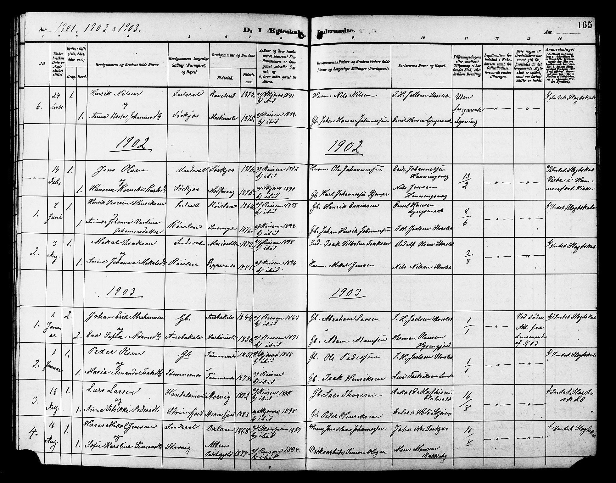 Skjervøy sokneprestkontor, AV/SATØ-S-1300/H/Ha/Hab/L0021klokker: Klokkerbok nr. 21, 1893-1910, s. 165