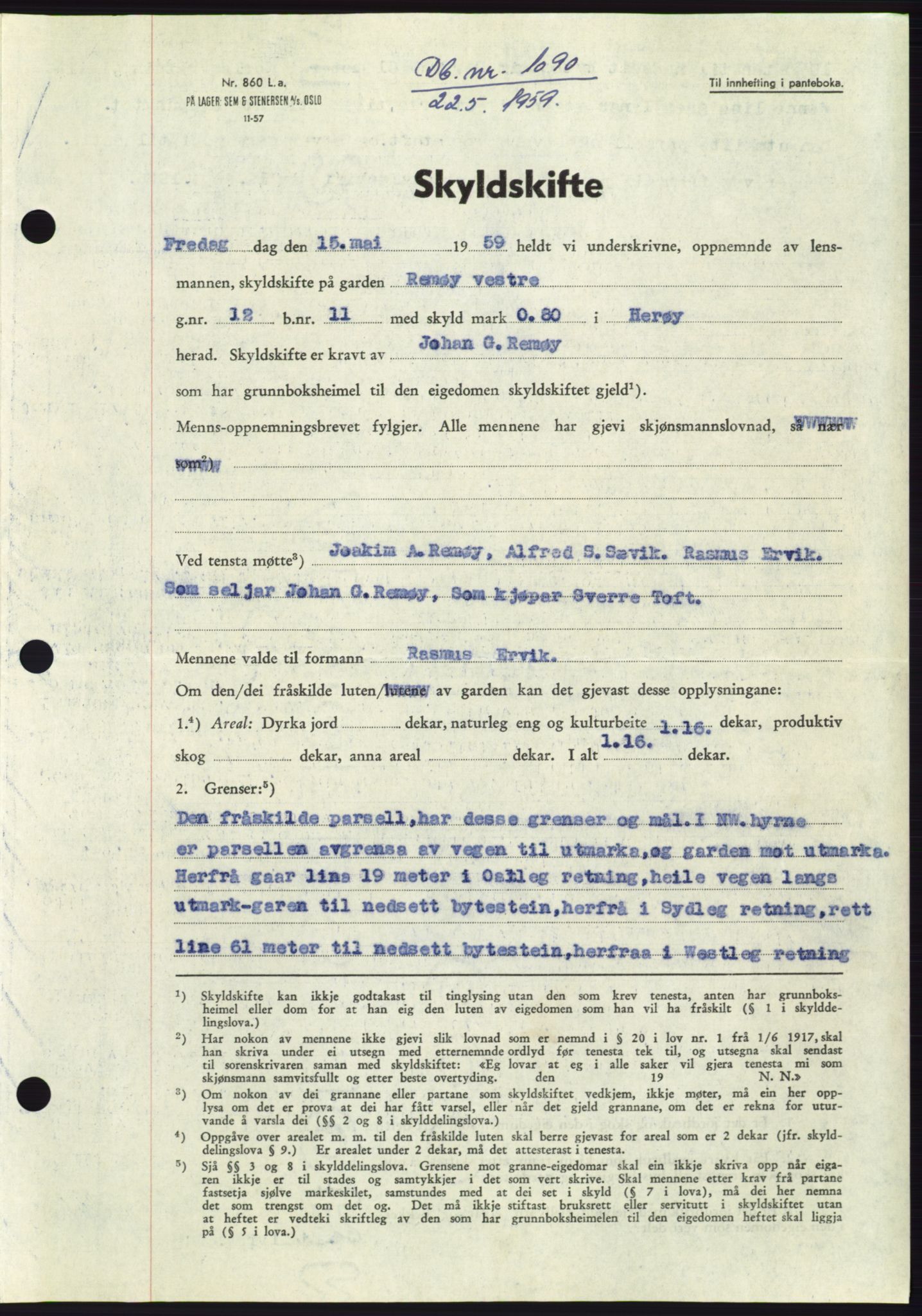 Søre Sunnmøre sorenskriveri, SAT/A-4122/1/2/2C/L0112: Pantebok nr. 38A, 1959-1959, Dagboknr: 1090/1959