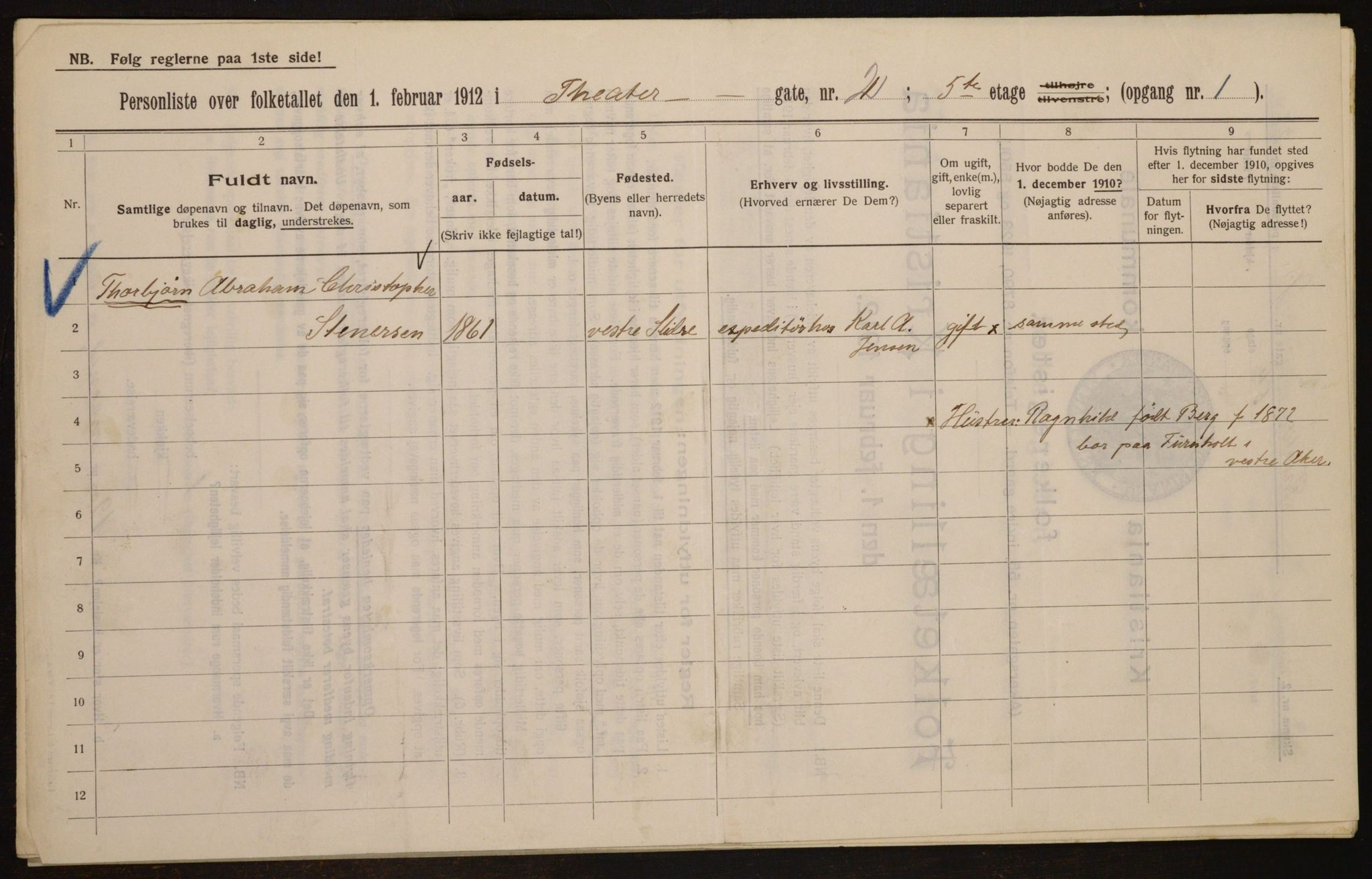 OBA, Kommunal folketelling 1.2.1912 for Kristiania, 1912, s. 107098