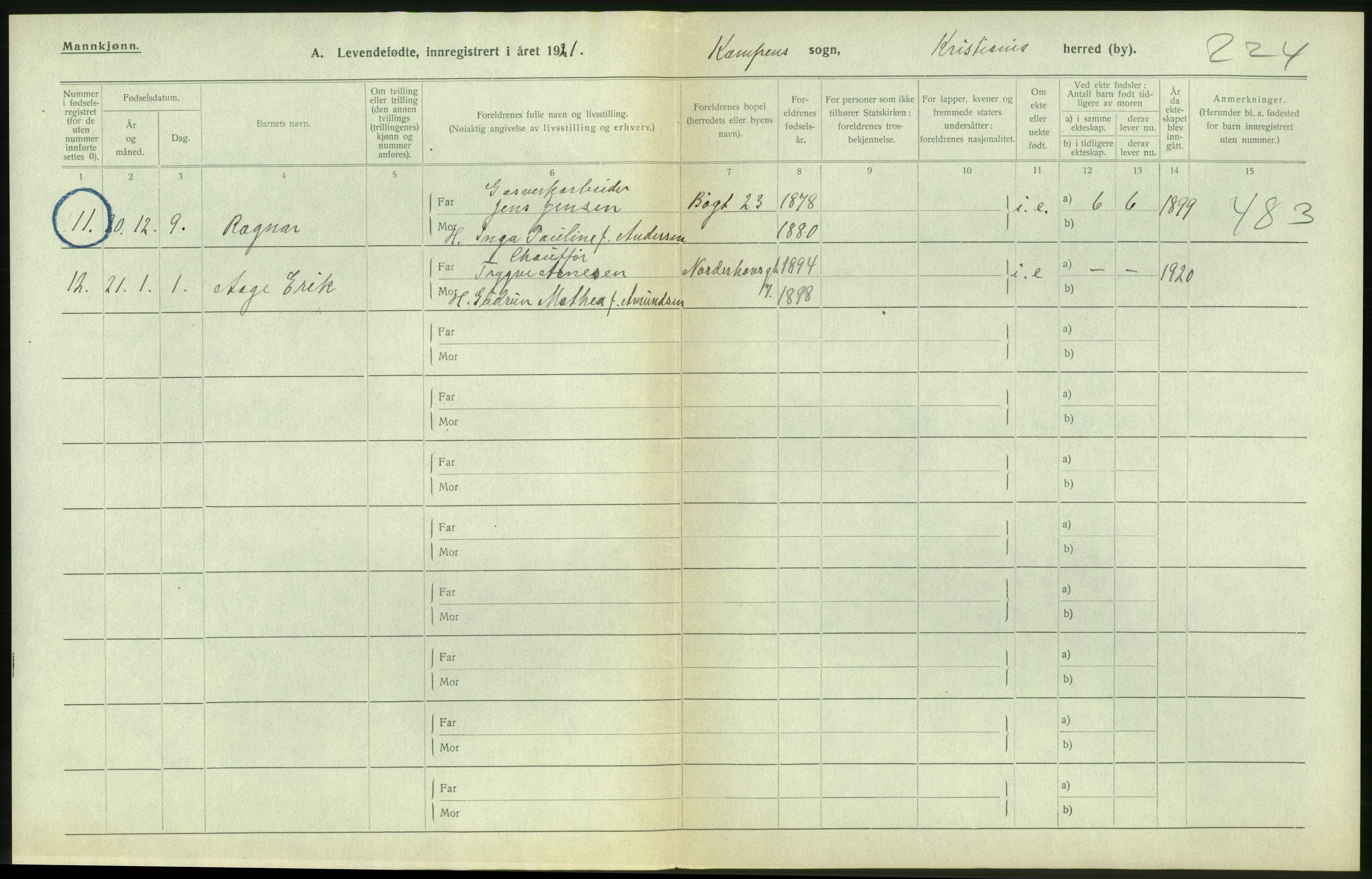 Statistisk sentralbyrå, Sosiodemografiske emner, Befolkning, RA/S-2228/D/Df/Dfc/Dfca/L0009: Kristiania: Levendefødte menn og kvinner., 1921, s. 82