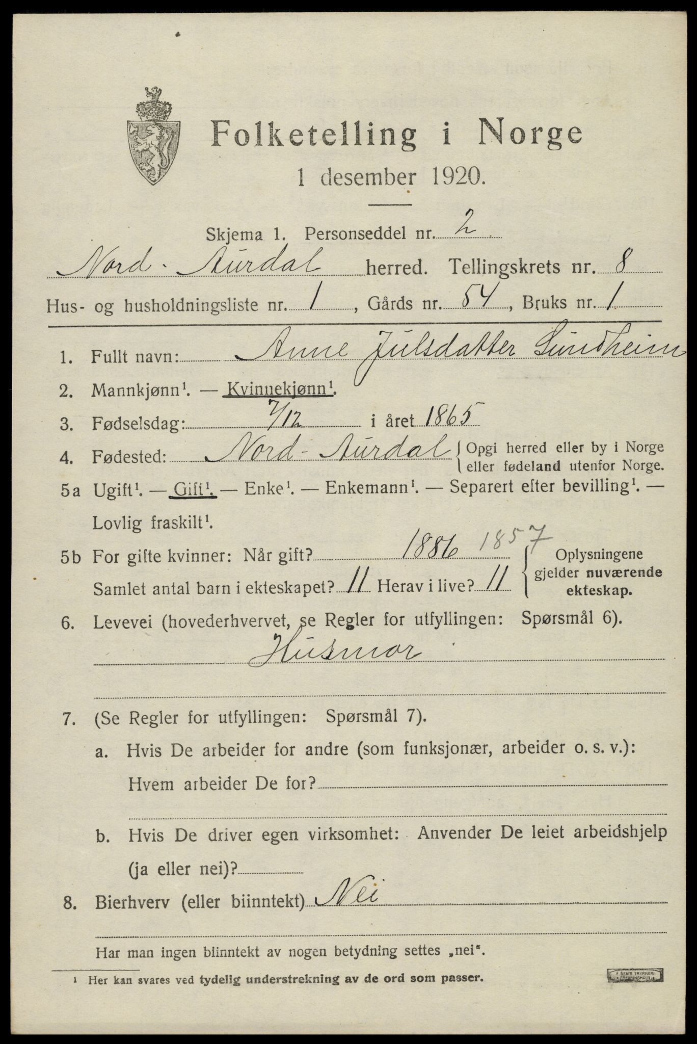 SAH, Folketelling 1920 for 0542 Nord-Aurdal herred, 1920, s. 6770