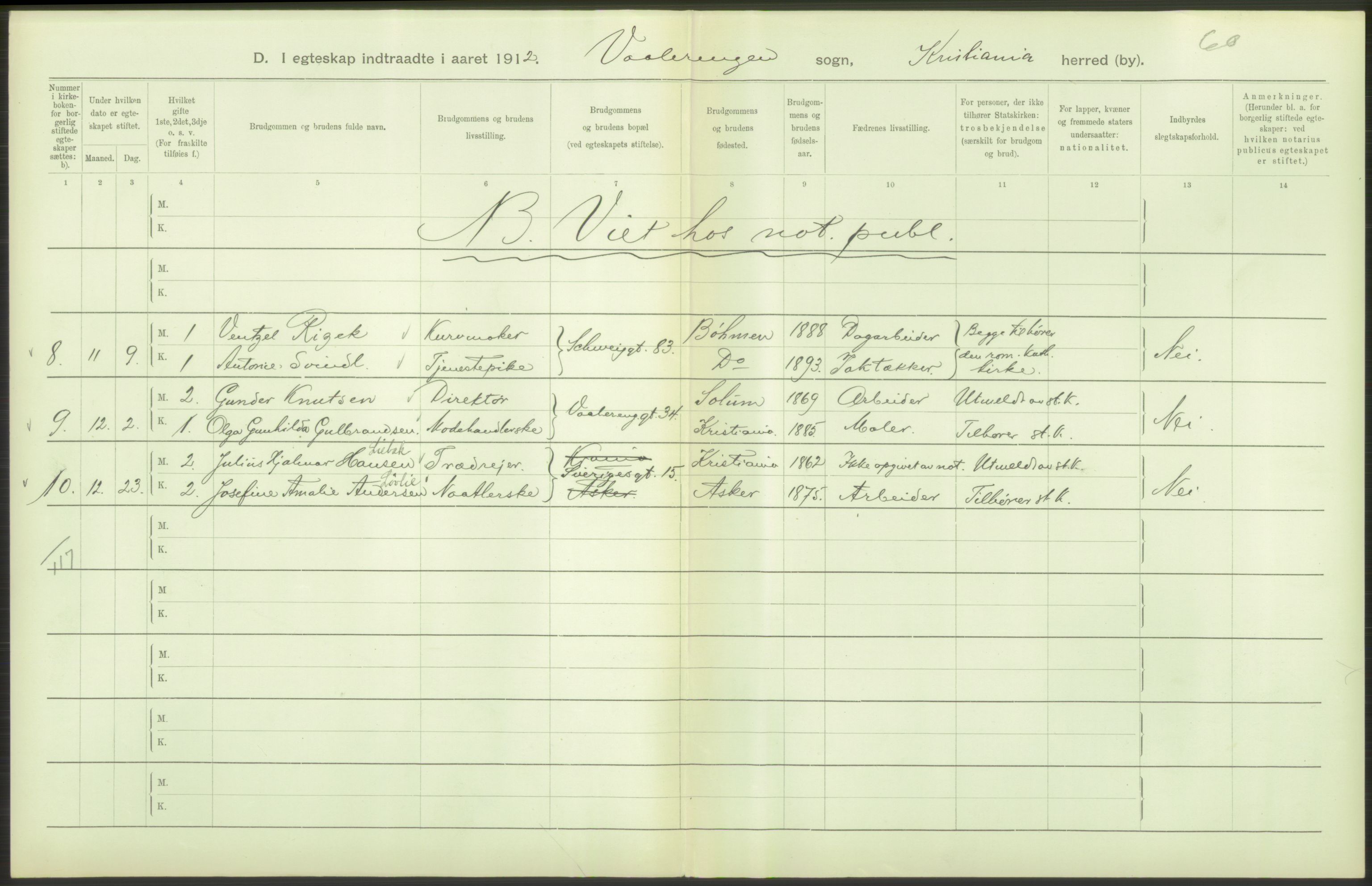 Statistisk sentralbyrå, Sosiodemografiske emner, Befolkning, AV/RA-S-2228/D/Df/Dfb/Dfbb/L0008: Kristiania: Gifte, 1912, s. 106
