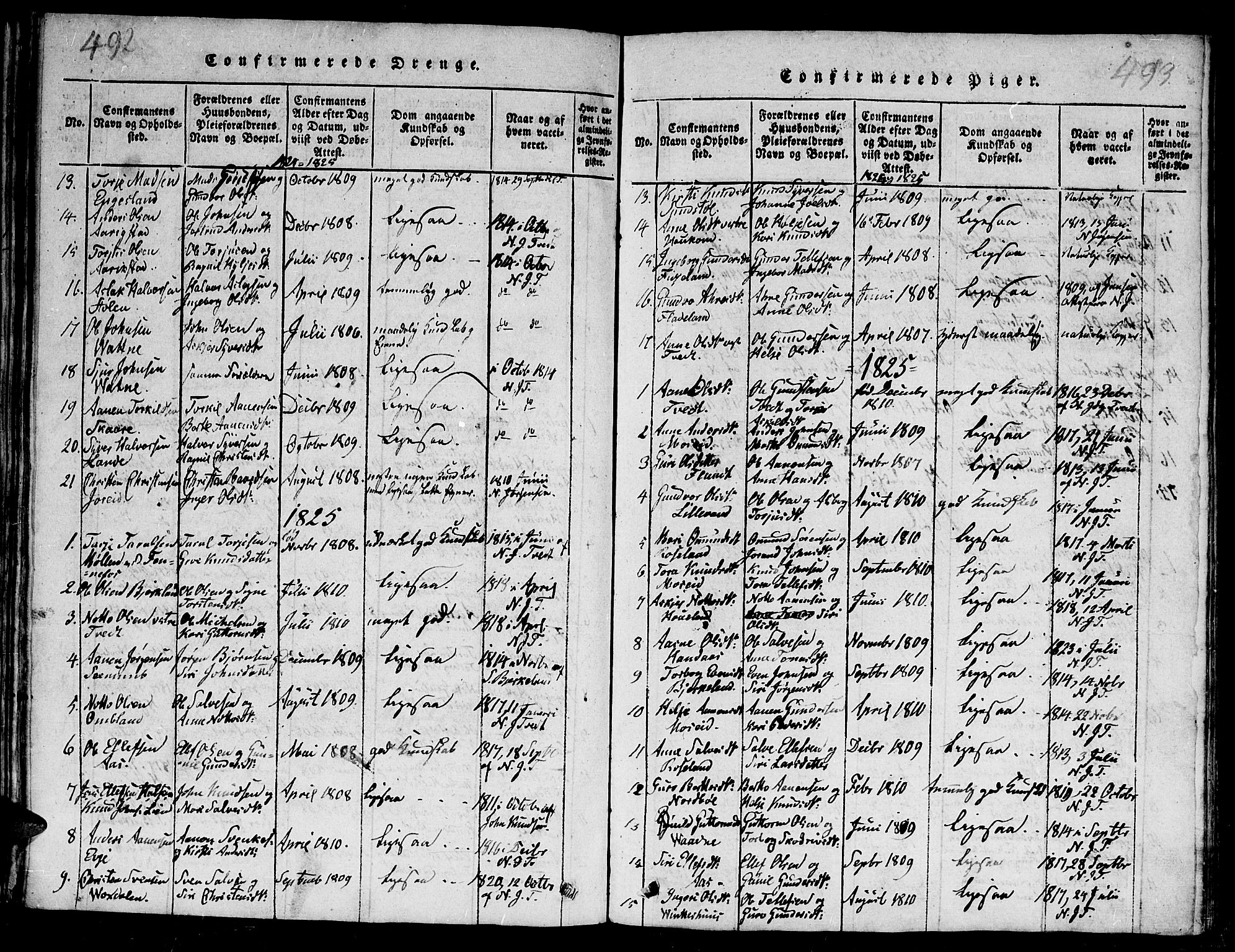 Evje sokneprestkontor, AV/SAK-1111-0008/F/Fb/Fba/L0001: Klokkerbok nr. B 1, 1816-1842, s. 492-493
