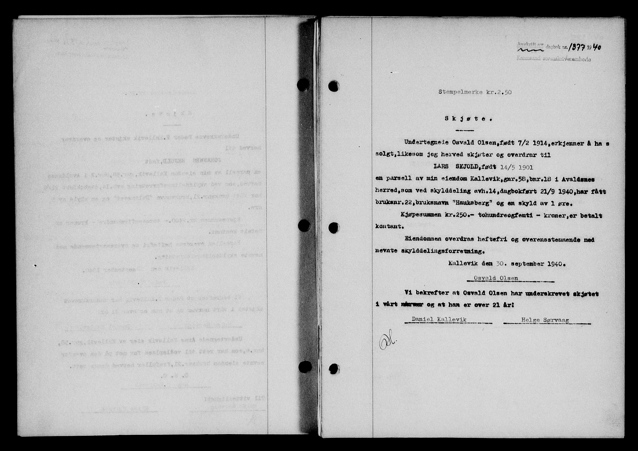 Karmsund sorenskriveri, SAST/A-100311/01/II/IIB/L0074: Pantebok nr. 55A, 1940-1941, Dagboknr: 1377/1940