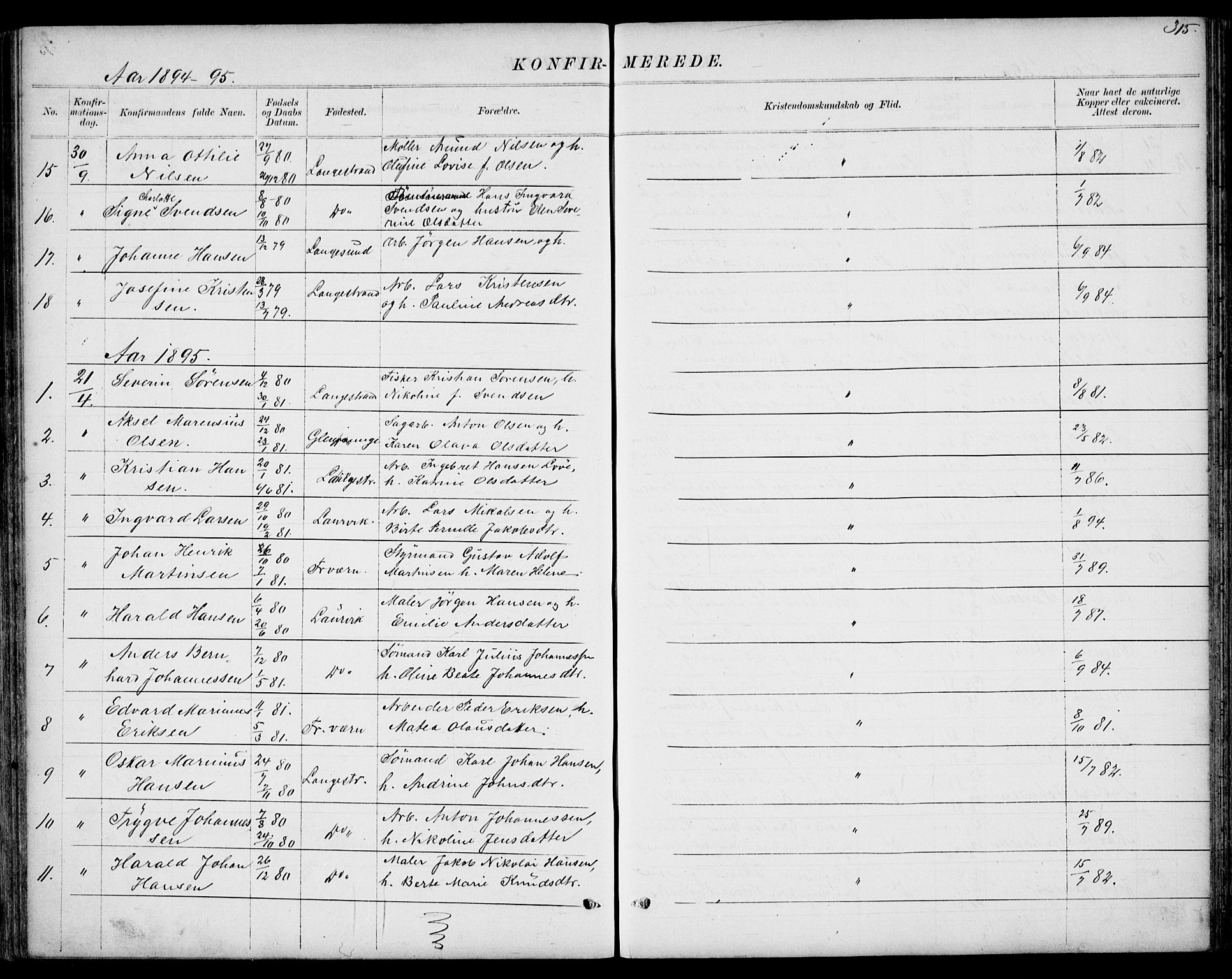 Larvik kirkebøker, AV/SAKO-A-352/G/Gb/L0003: Klokkerbok nr. II 3, 1867-1899, s. 315