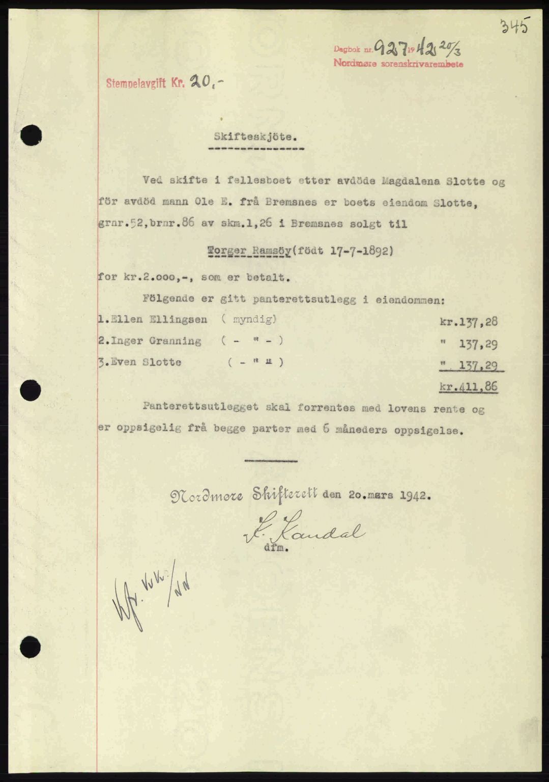 Nordmøre sorenskriveri, SAT/A-4132/1/2/2Ca: Pantebok nr. A92, 1942-1942, Dagboknr: 927/1942