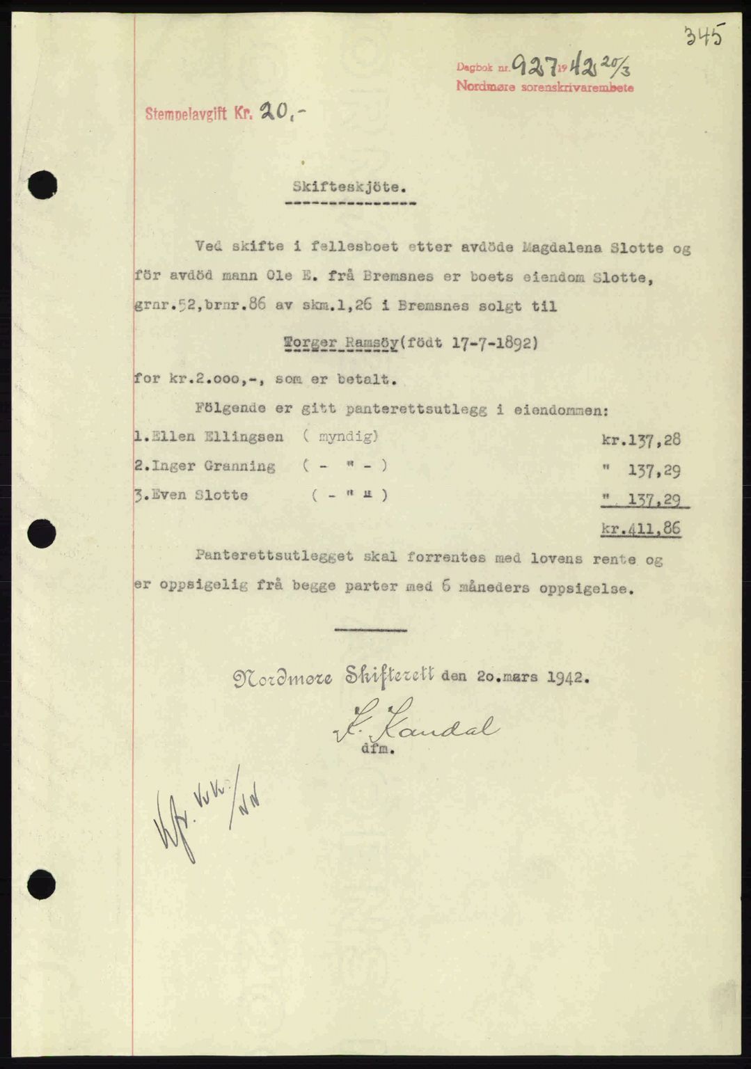 Nordmøre sorenskriveri, AV/SAT-A-4132/1/2/2Ca: Pantebok nr. A92, 1942-1942, Dagboknr: 927/1942