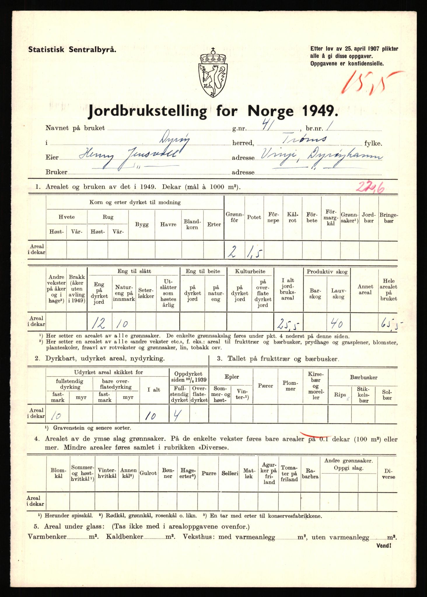 Statistisk sentralbyrå, Næringsøkonomiske emner, Jordbruk, skogbruk, jakt, fiske og fangst, AV/RA-S-2234/G/Gc/L0440: Troms: Sørreisa og Dyrøy, 1949, s. 1256