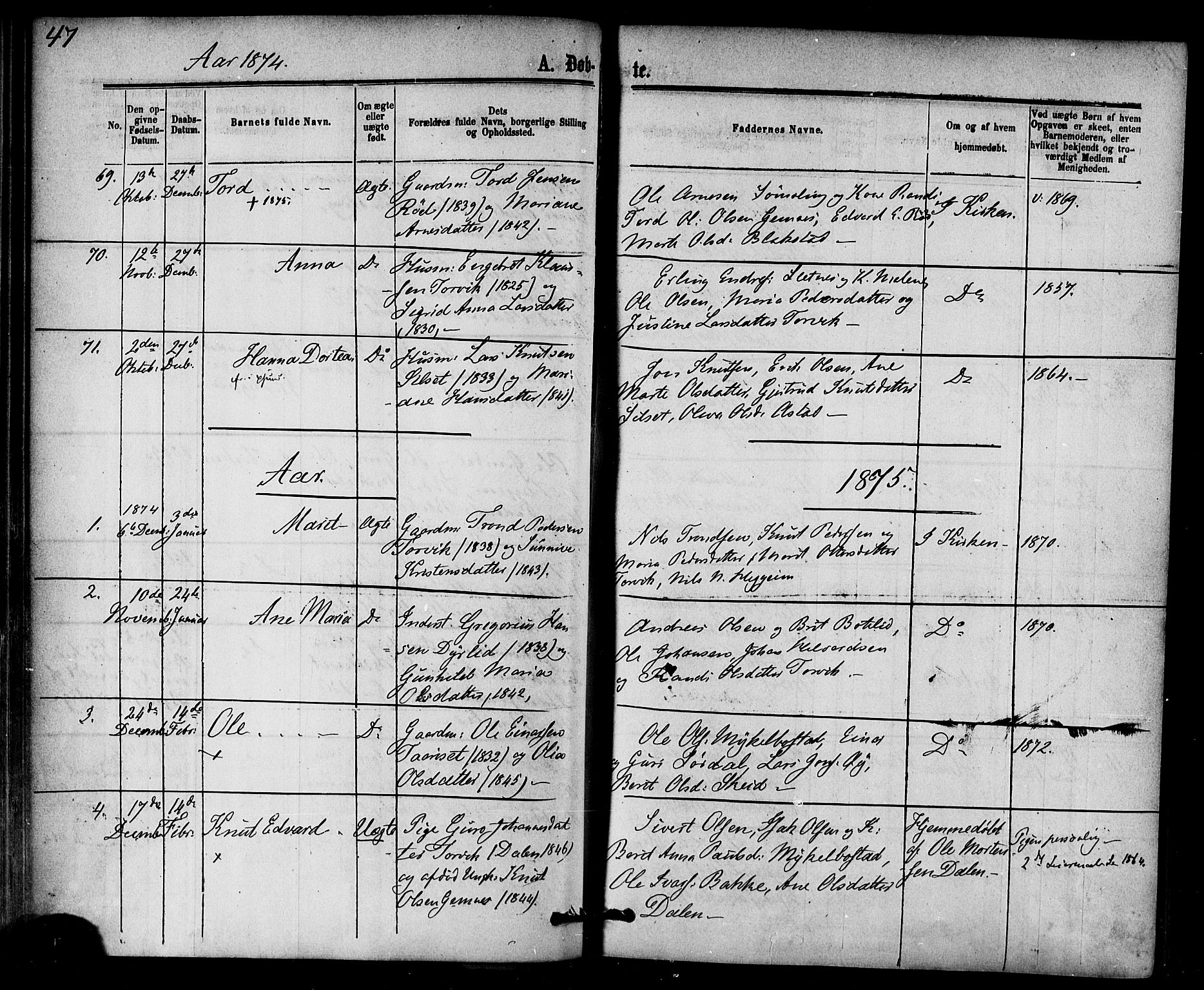 Ministerialprotokoller, klokkerbøker og fødselsregistre - Møre og Romsdal, SAT/A-1454/584/L0966: Ministerialbok nr. 584A06, 1869-1878, s. 47