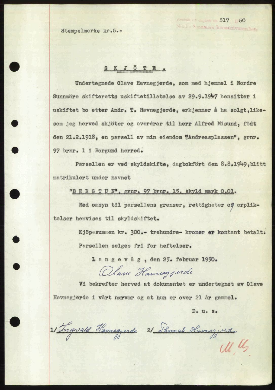 Nordre Sunnmøre sorenskriveri, AV/SAT-A-0006/1/2/2C/2Ca: Pantebok nr. A33, 1949-1950, Dagboknr: 517/1950