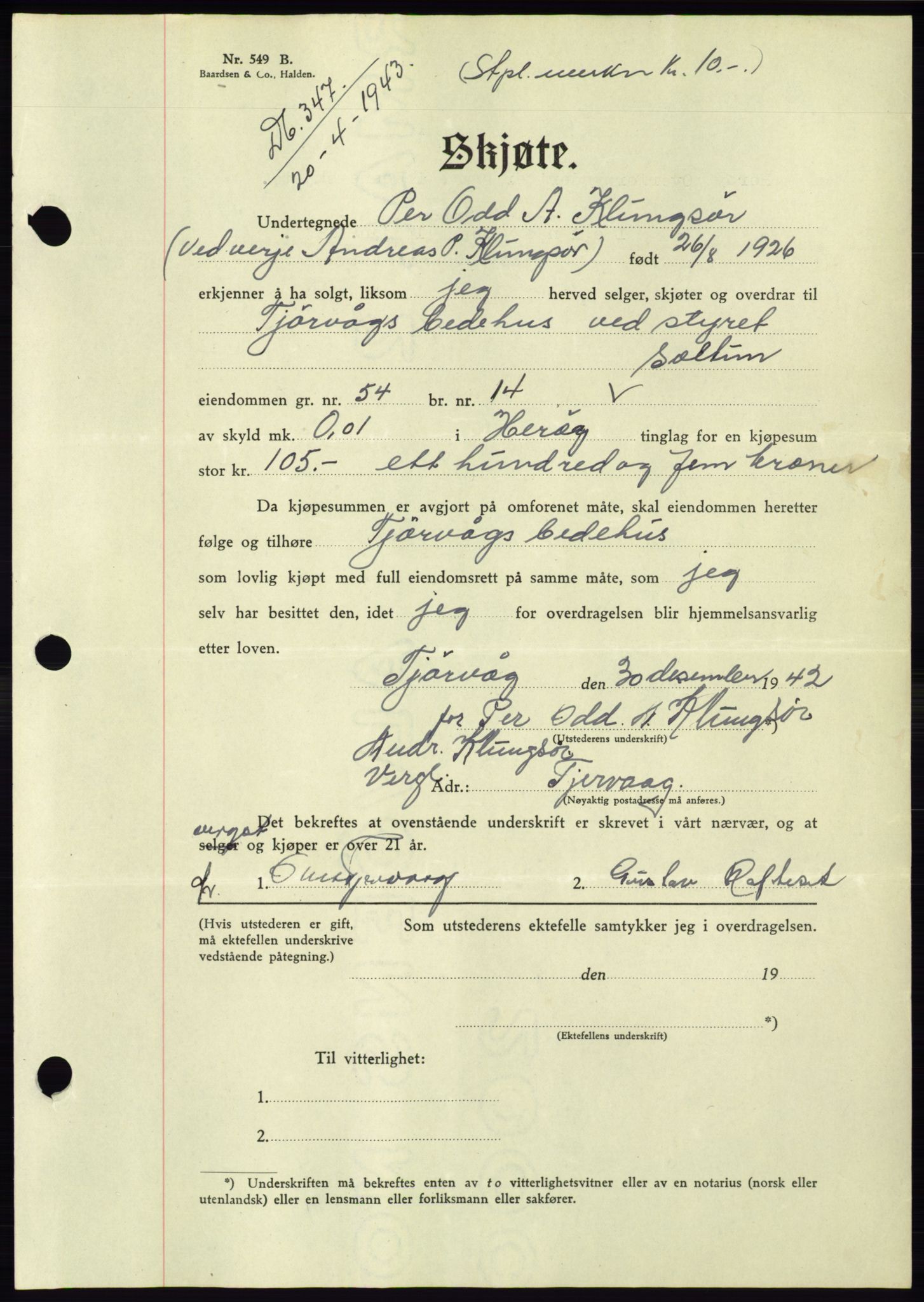 Søre Sunnmøre sorenskriveri, AV/SAT-A-4122/1/2/2C/L0075: Pantebok nr. 1A, 1943-1943, Dagboknr: 347/1943