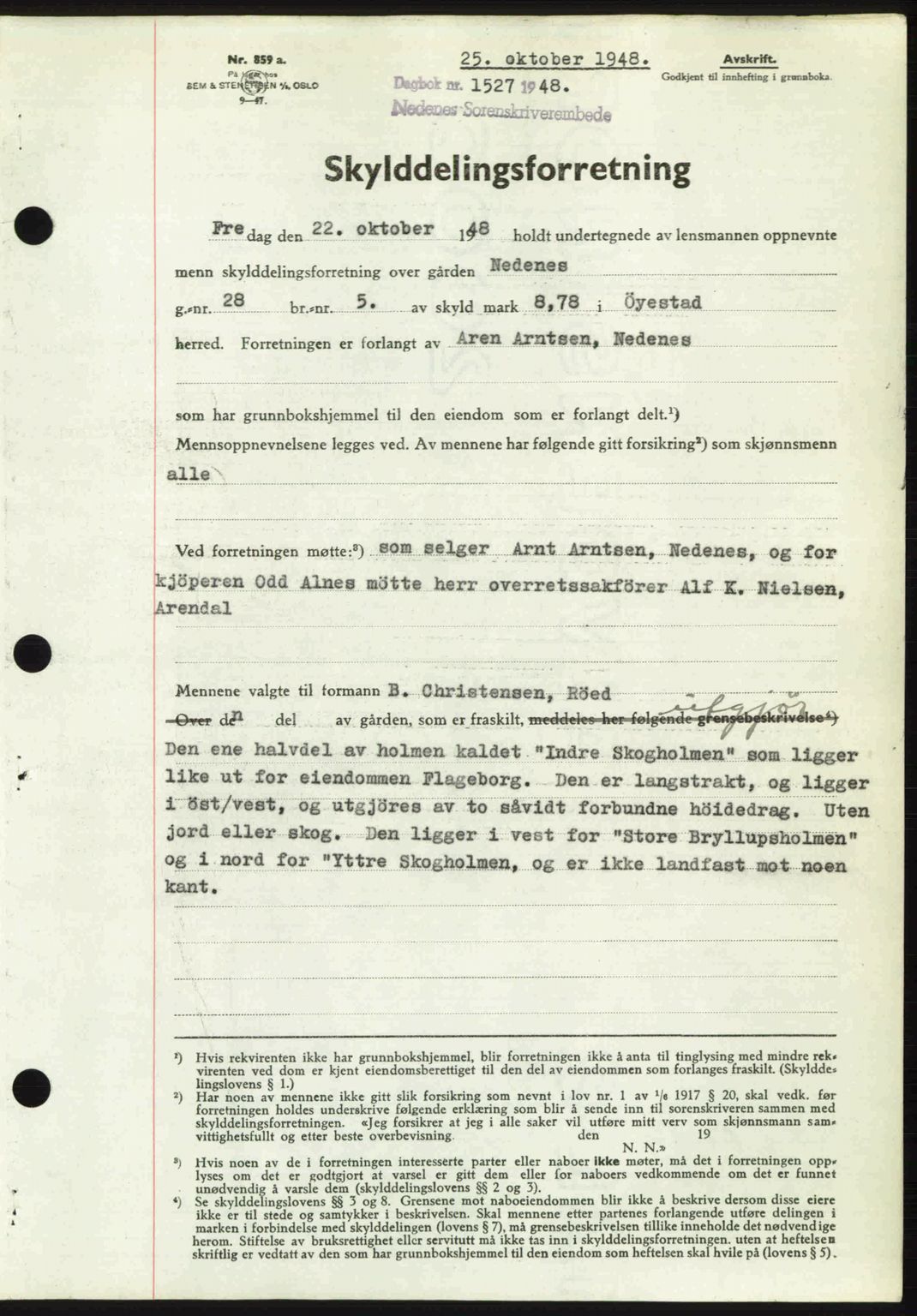 Nedenes sorenskriveri, AV/SAK-1221-0006/G/Gb/Gba/L0059: Pantebok nr. A11, 1948-1948, Dagboknr: 1527/1948