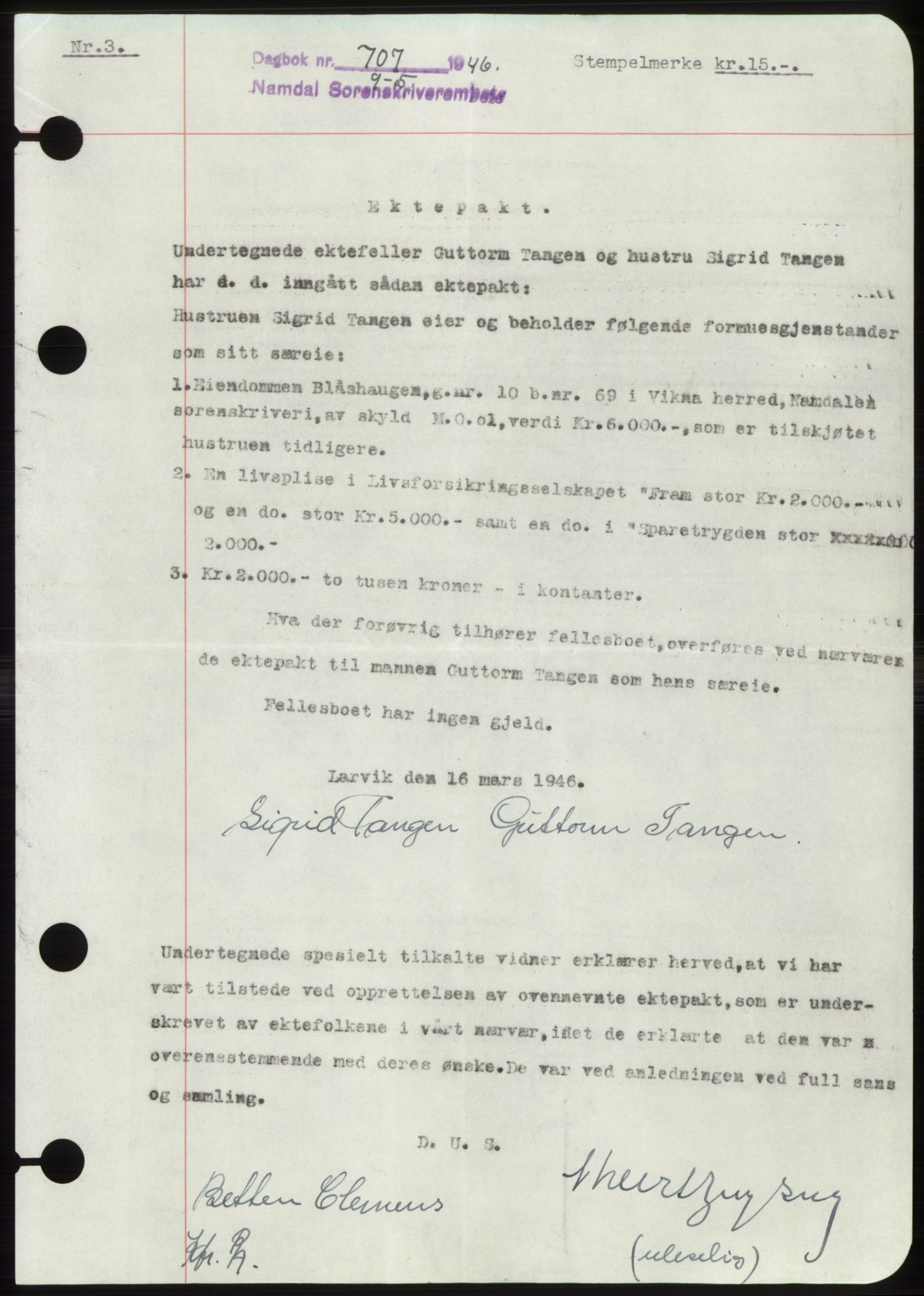 Namdal sorenskriveri, SAT/A-4133/1/2/2C: Pantebok nr. -, 1946-1946, Dagboknr: 707/1946