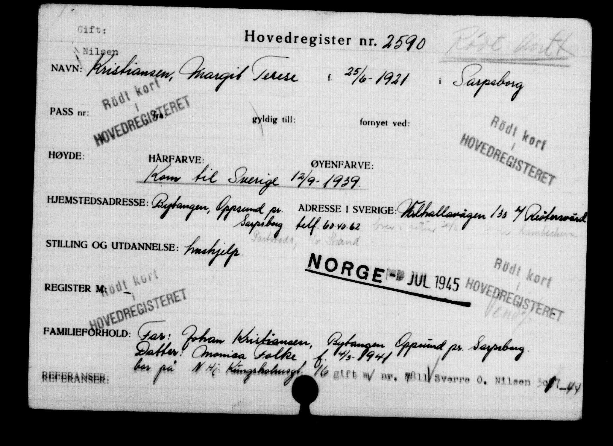 Den Kgl. Norske Legasjons Flyktningskontor, RA/S-6753/V/Va/L0003: Kjesäterkartoteket.  Flyktningenr. 2001-3495, 1940-1945, s. 944