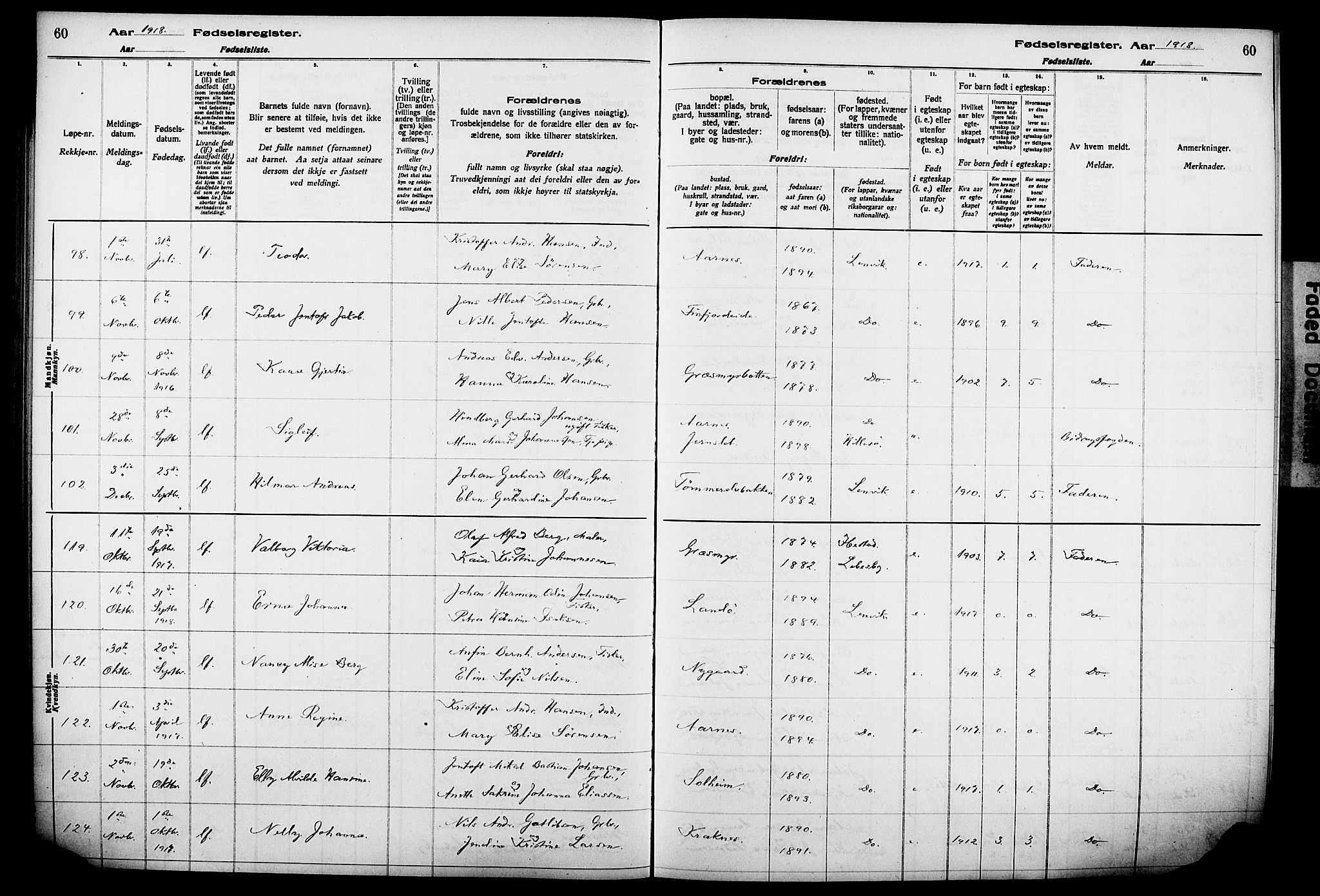 Lenvik sokneprestembete, AV/SATØ-S-1310/I/Ic/L0089: Fødselsregister nr. 89, 1916-1926, s. 60