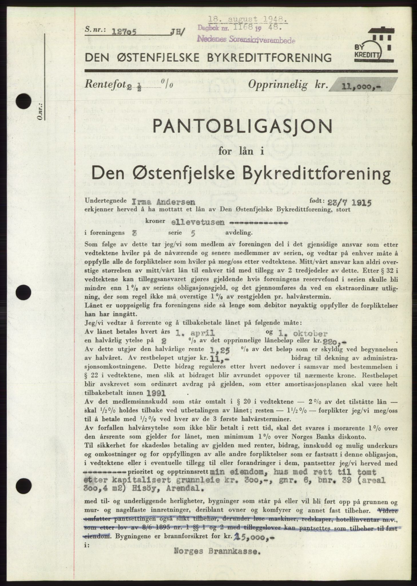 Nedenes sorenskriveri, AV/SAK-1221-0006/G/Gb/Gbb/L0005: Pantebok nr. B5, 1948-1948, Dagboknr: 1168/1948