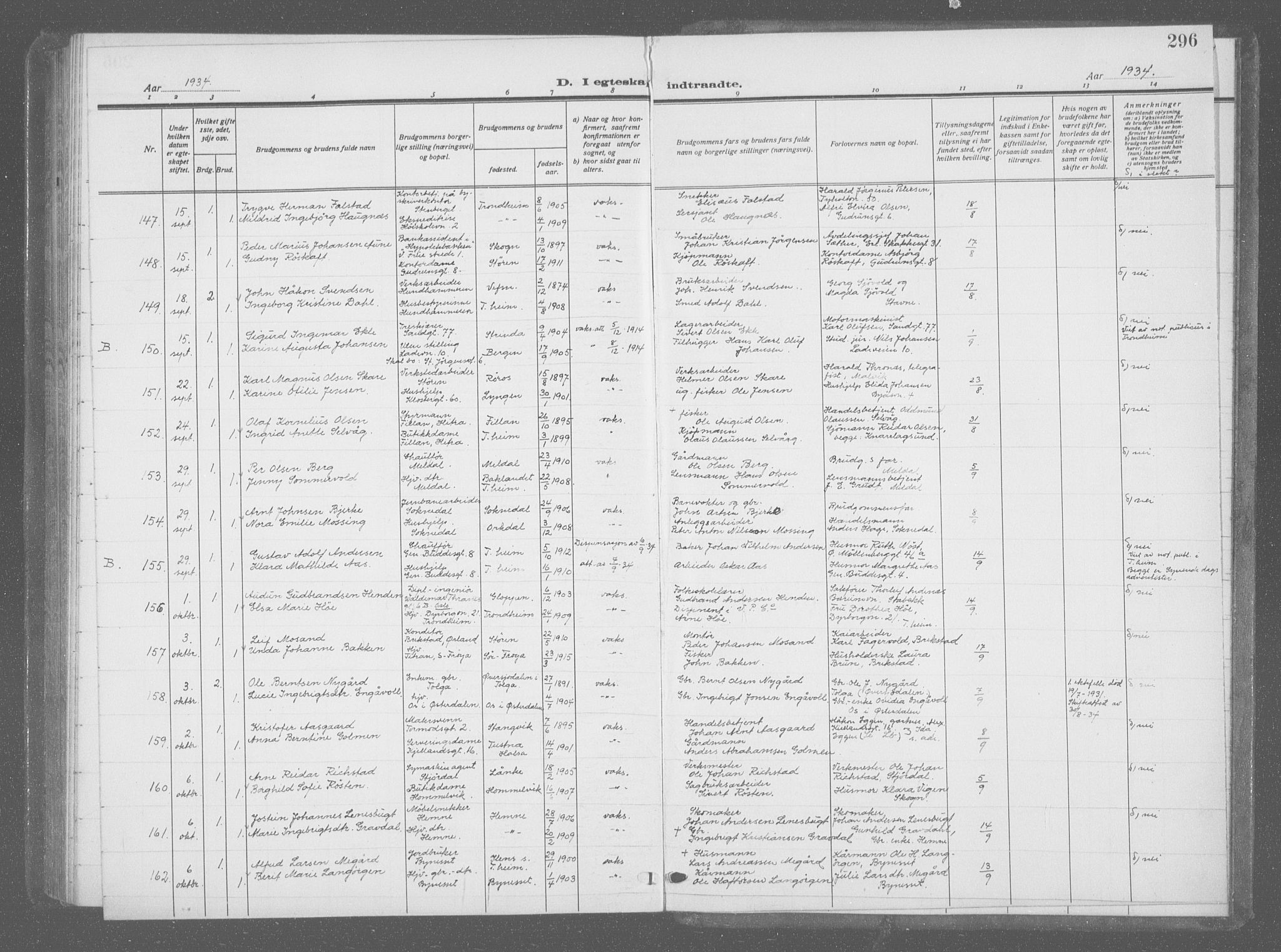 Ministerialprotokoller, klokkerbøker og fødselsregistre - Sør-Trøndelag, SAT/A-1456/601/L0098: Klokkerbok nr. 601C16, 1921-1934, s. 296