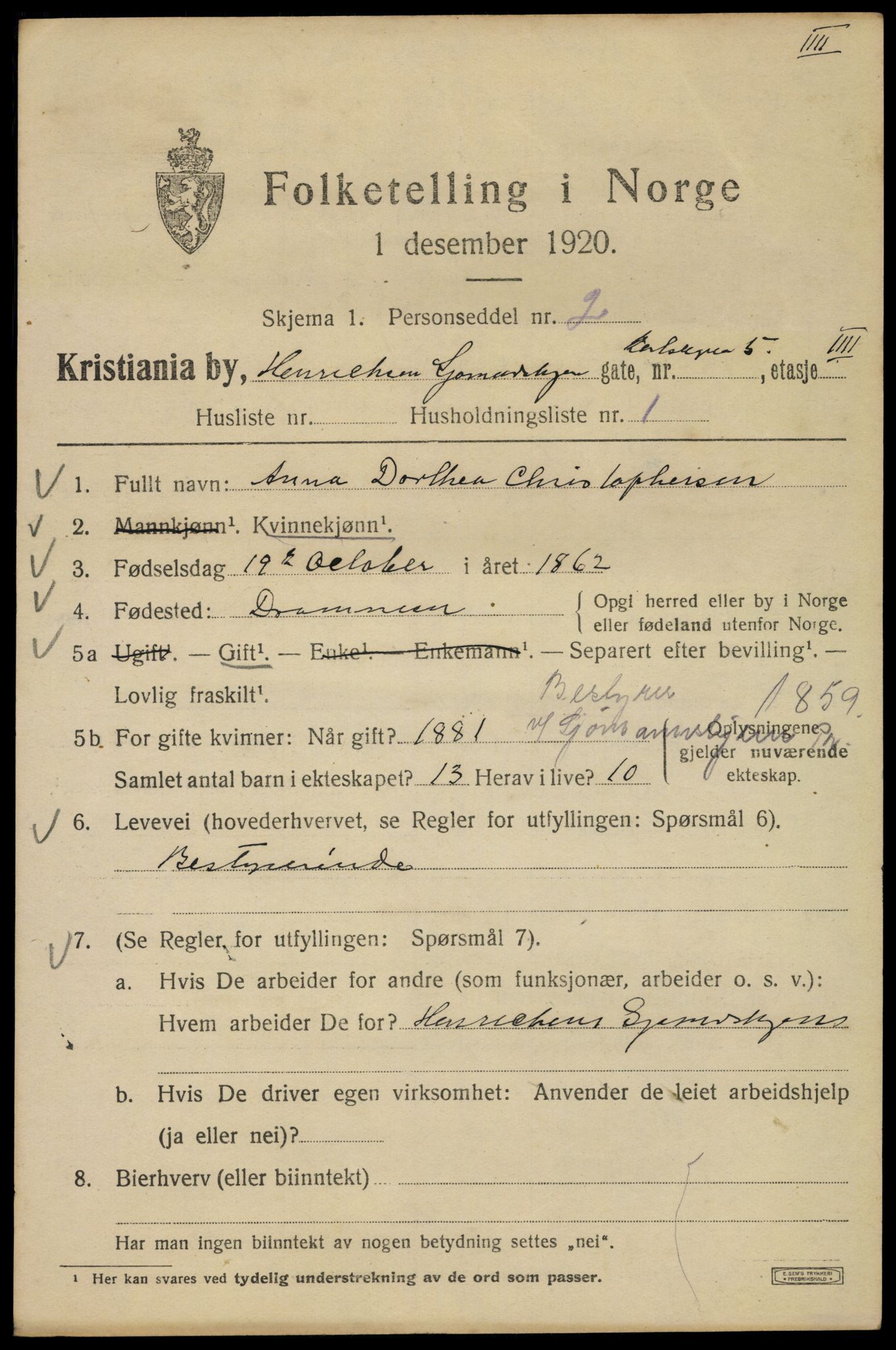SAO, Folketelling 1920 for 0301 Kristiania kjøpstad, 1920, s. 330045