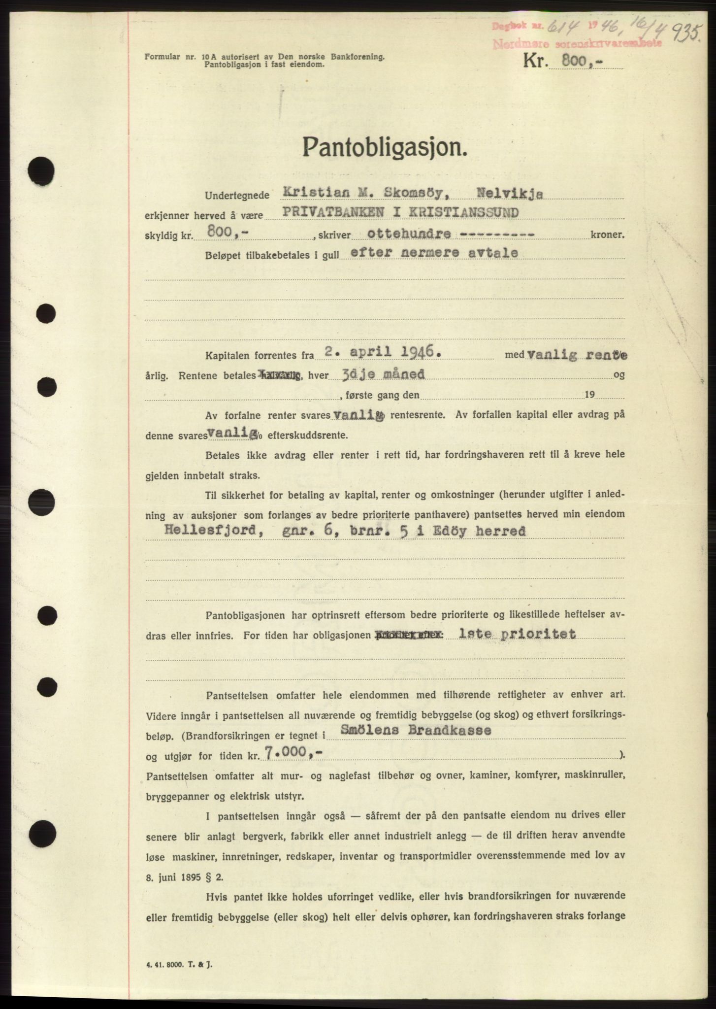 Nordmøre sorenskriveri, SAT/A-4132/1/2/2Ca: Pantebok nr. B93b, 1946-1946, Dagboknr: 614/1946
