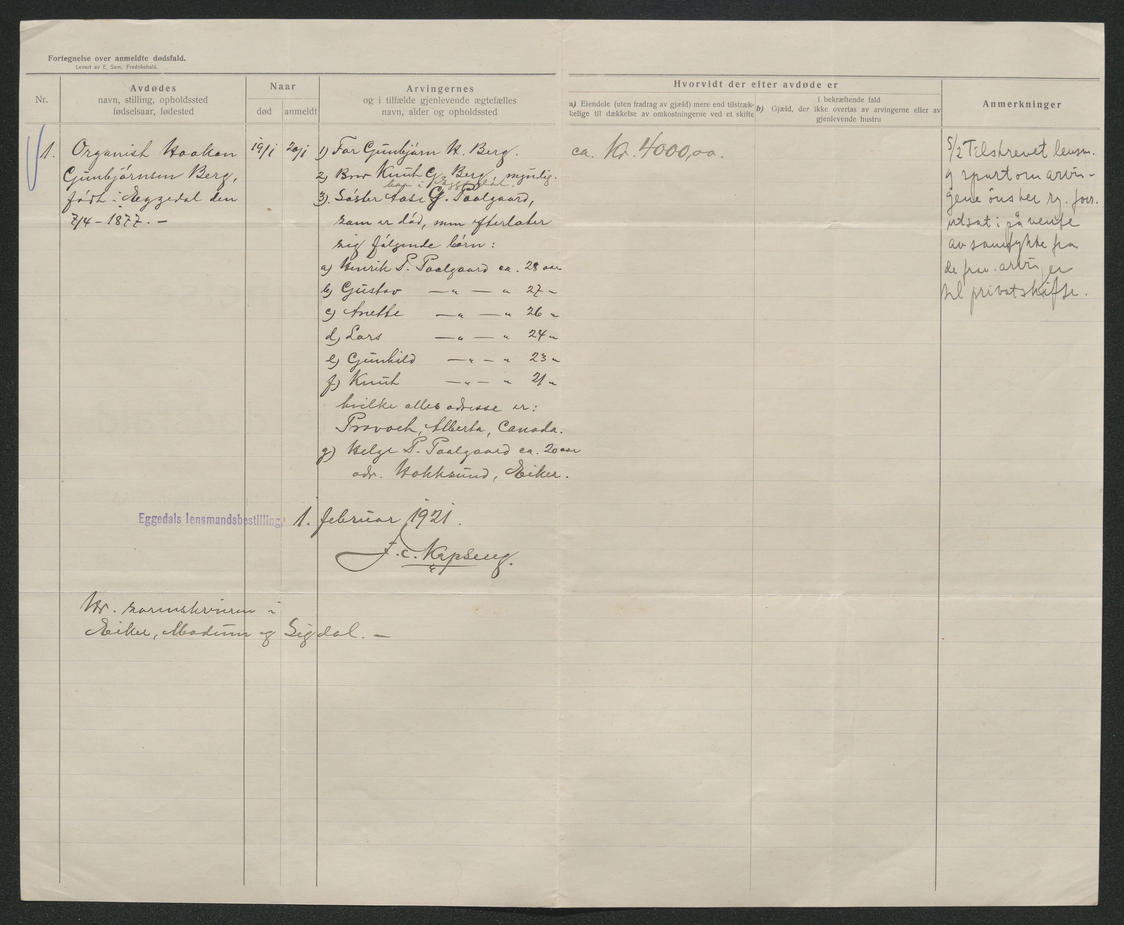 Eiker, Modum og Sigdal sorenskriveri, AV/SAKO-A-123/H/Ha/Hab/L0040: Dødsfallsmeldinger, 1920-1921, s. 1210