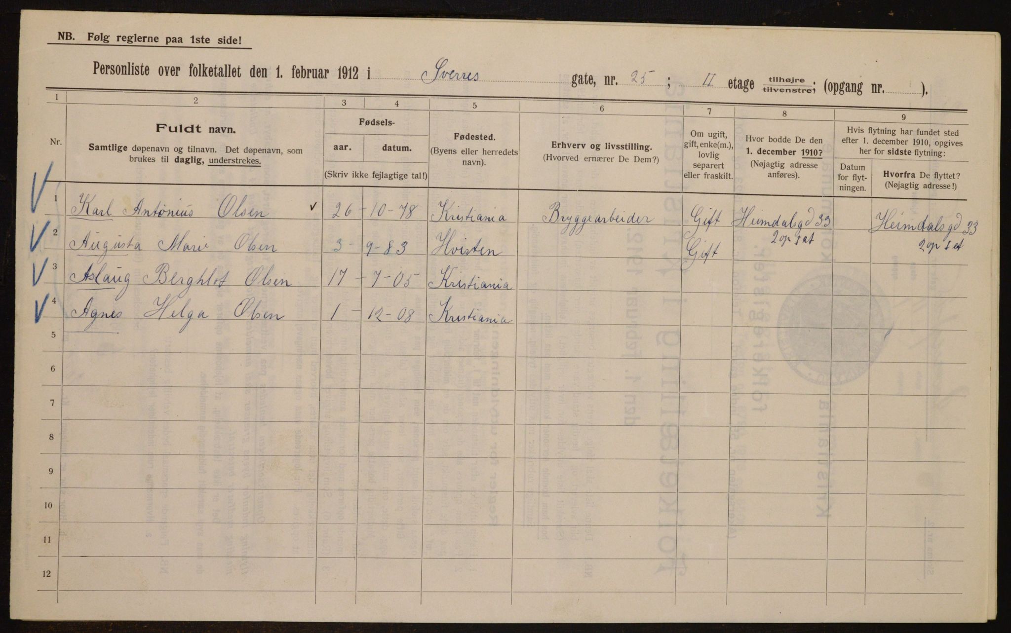 OBA, Kommunal folketelling 1.2.1912 for Kristiania, 1912, s. 106118