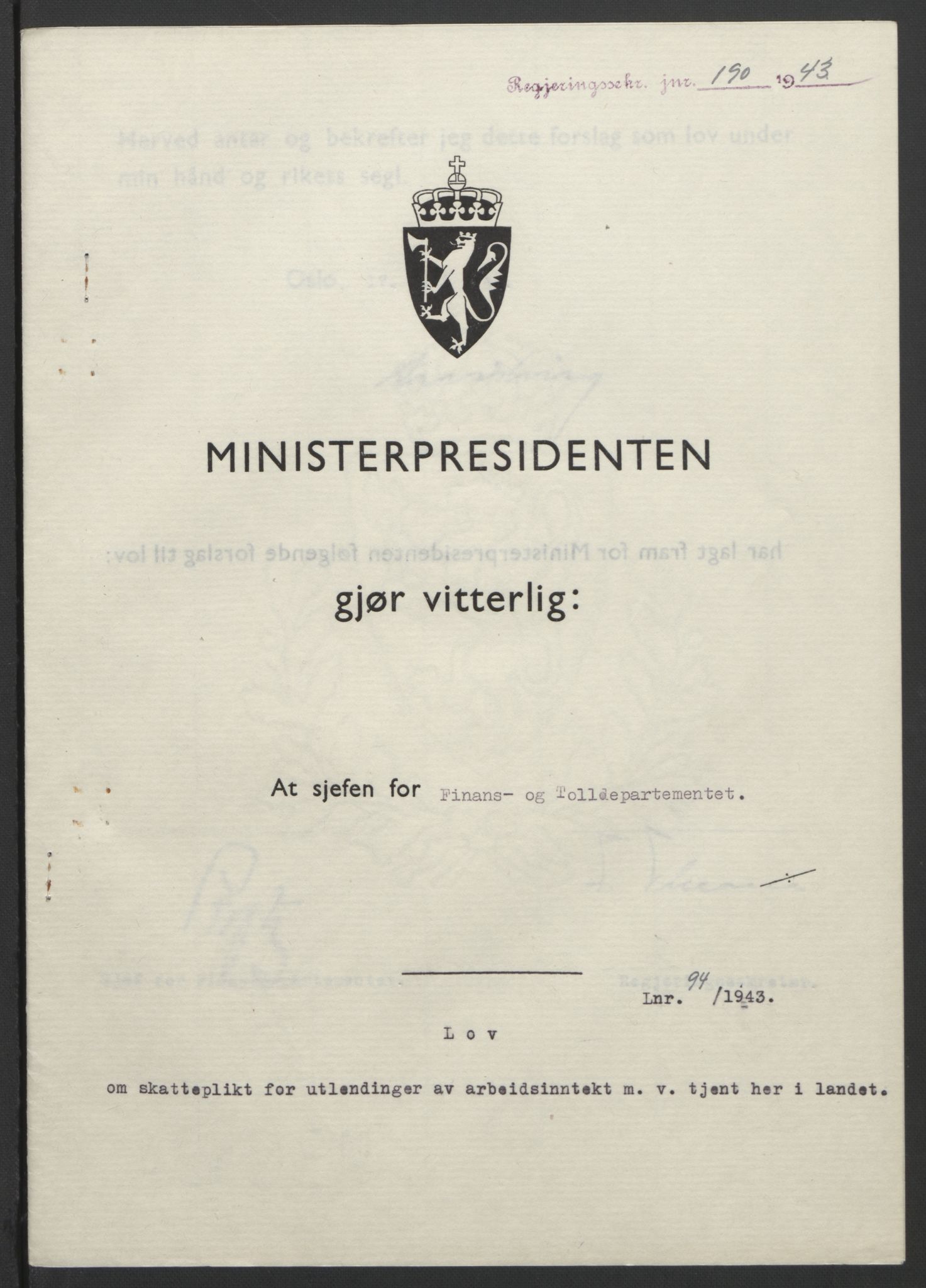 NS-administrasjonen 1940-1945 (Statsrådsekretariatet, de kommisariske statsråder mm), RA/S-4279/D/Db/L0099: Lover, 1943, s. 425