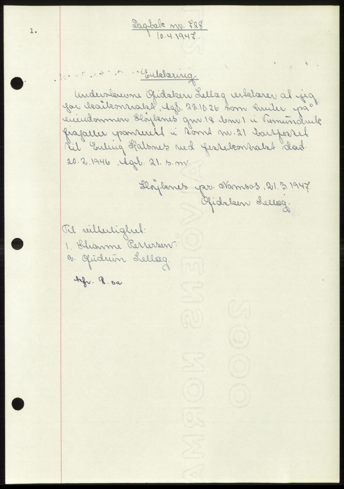 Namdal sorenskriveri, SAT/A-4133/1/2/2C: Pantebok nr. -, 1947-1947, Dagboknr: 728/1947