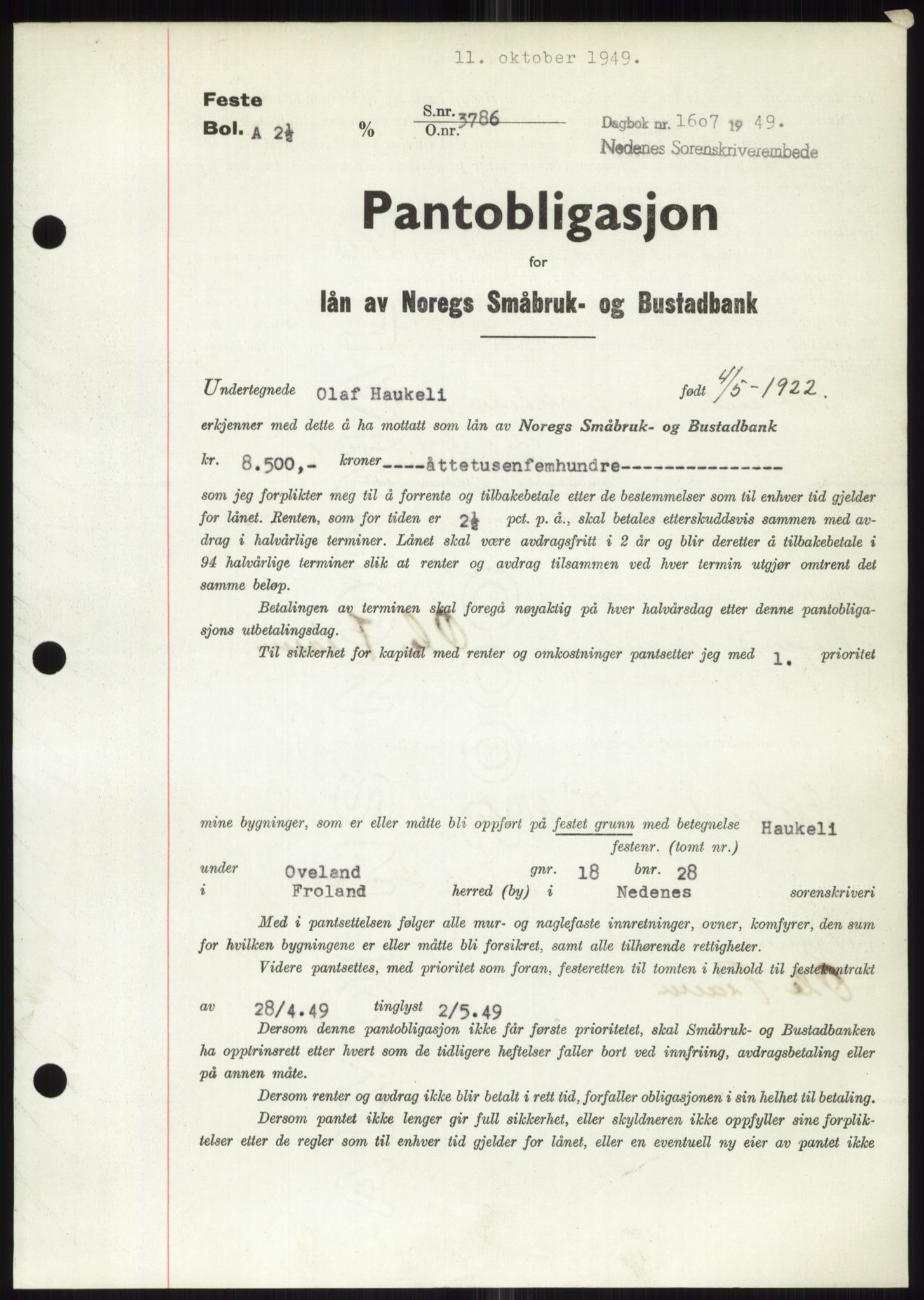 Nedenes sorenskriveri, SAK/1221-0006/G/Gb/Gbb/L0006: Pantebok nr. B6, 1948-1949, Dagboknr: 1607/1949