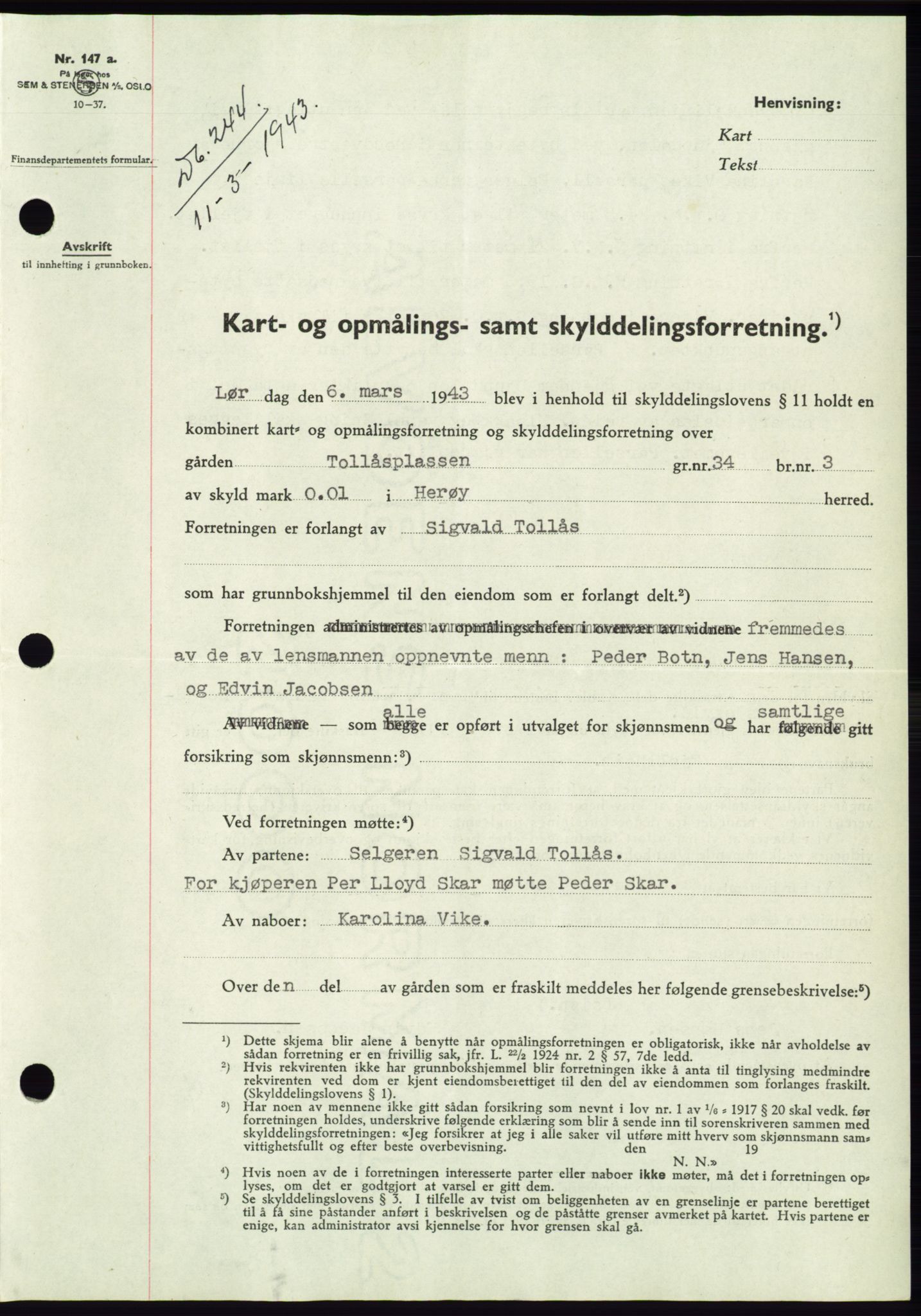 Søre Sunnmøre sorenskriveri, SAT/A-4122/1/2/2C/L0075: Pantebok nr. 1A, 1943-1943, Dagboknr: 244/1943