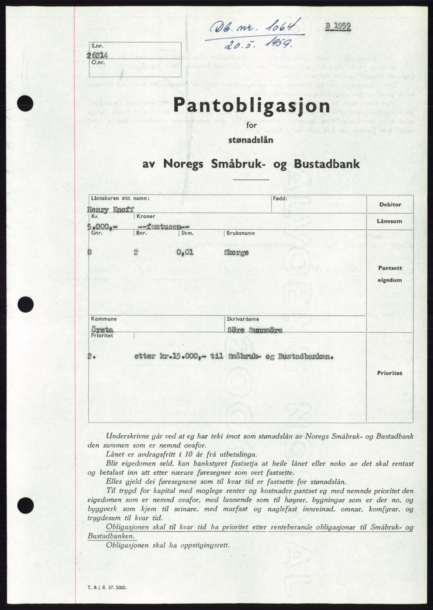 Søre Sunnmøre sorenskriveri, SAT/A-4122/1/2/2C/L0133: Pantebok nr. 21B, 1959-1959, Dagboknr: 1064/1959