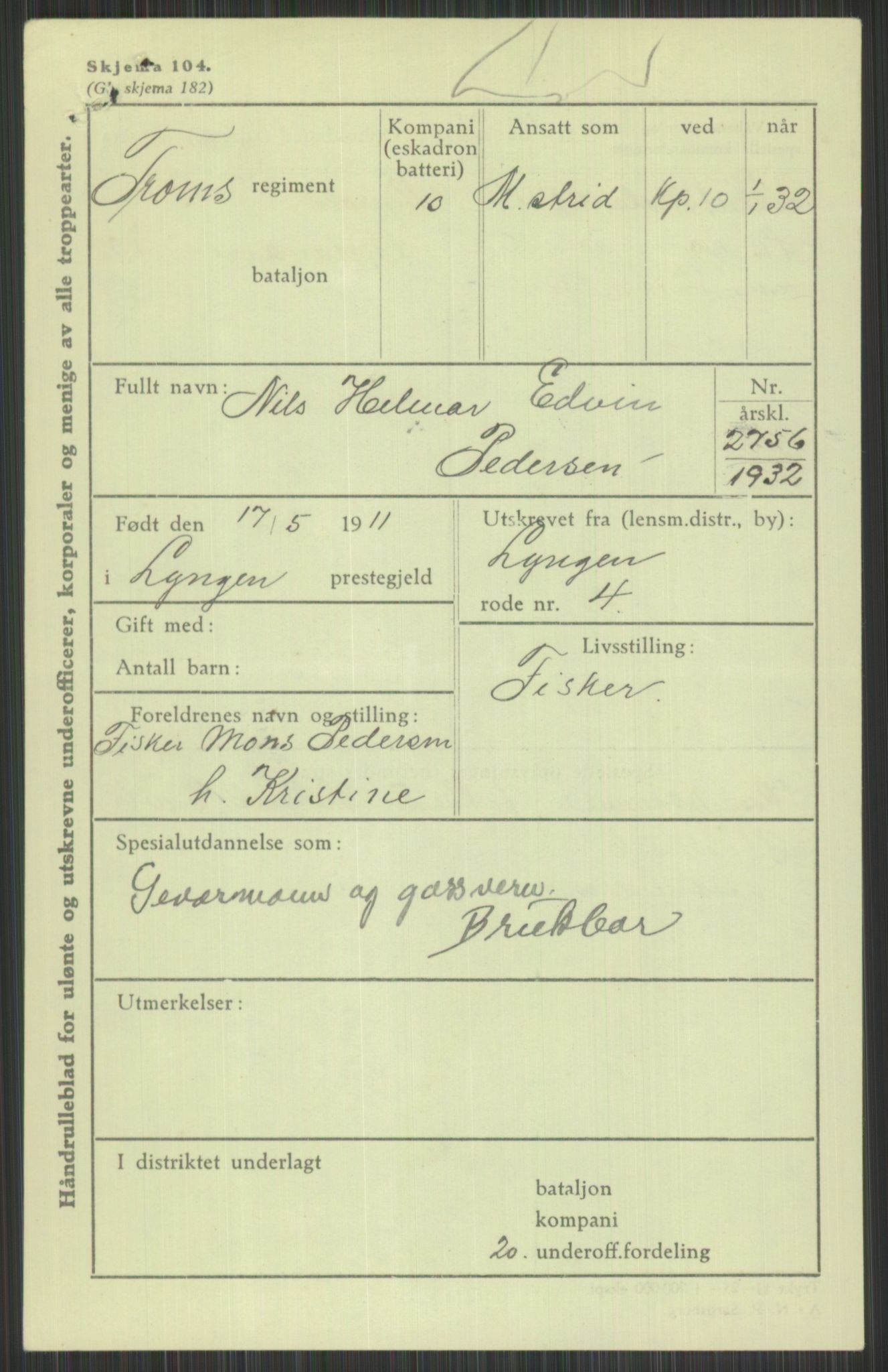 Forsvaret, Troms infanteriregiment nr. 16, AV/RA-RAFA-3146/P/Pa/L0016: Rulleblad for regimentets menige mannskaper, årsklasse 1932, 1932, s. 1313