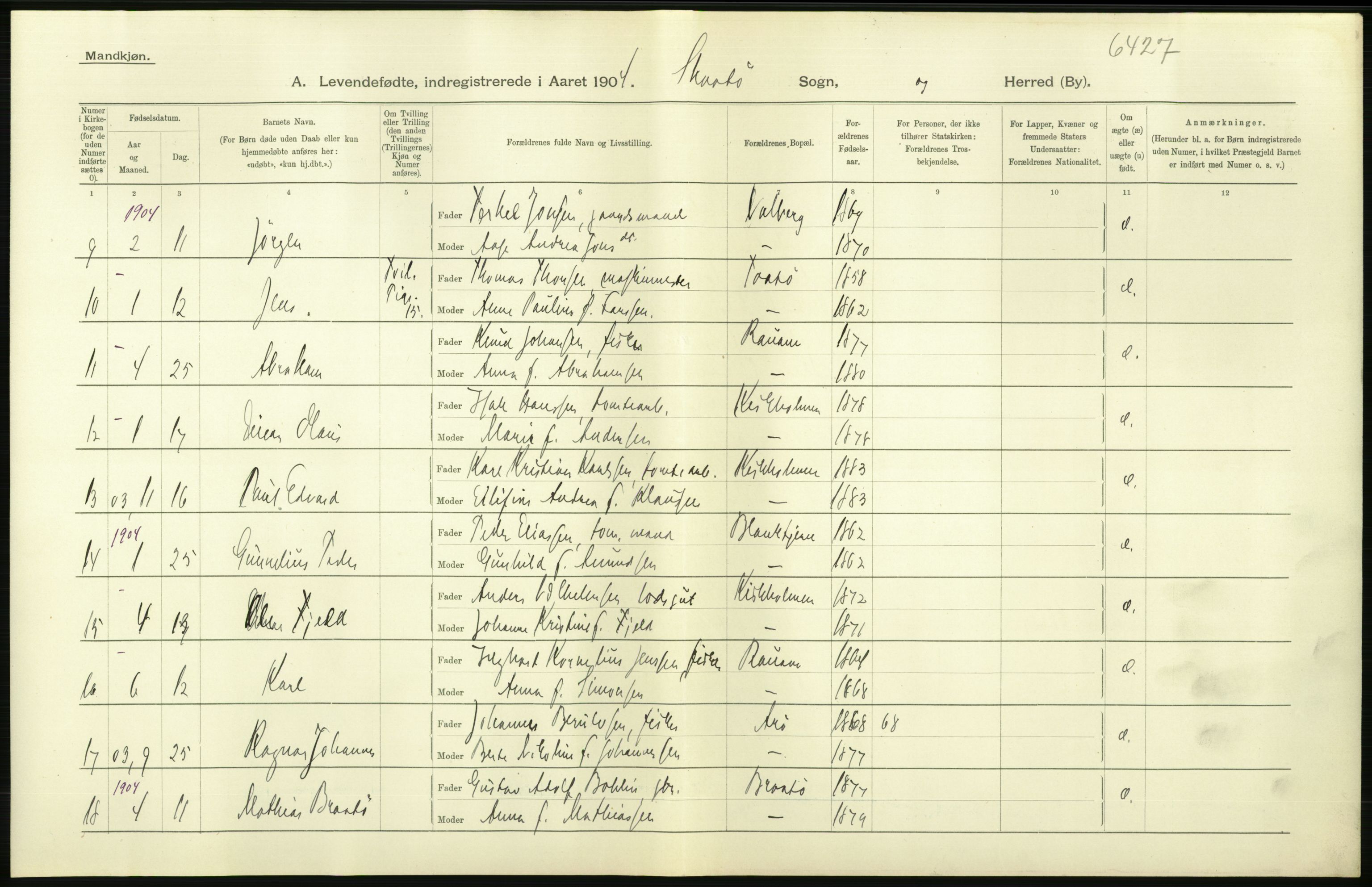 Statistisk sentralbyrå, Sosiodemografiske emner, Befolkning, AV/RA-S-2228/D/Df/Dfa/Dfab/L0009: Bratsberg amt: Fødte, gifte, døde, 1904, s. 36