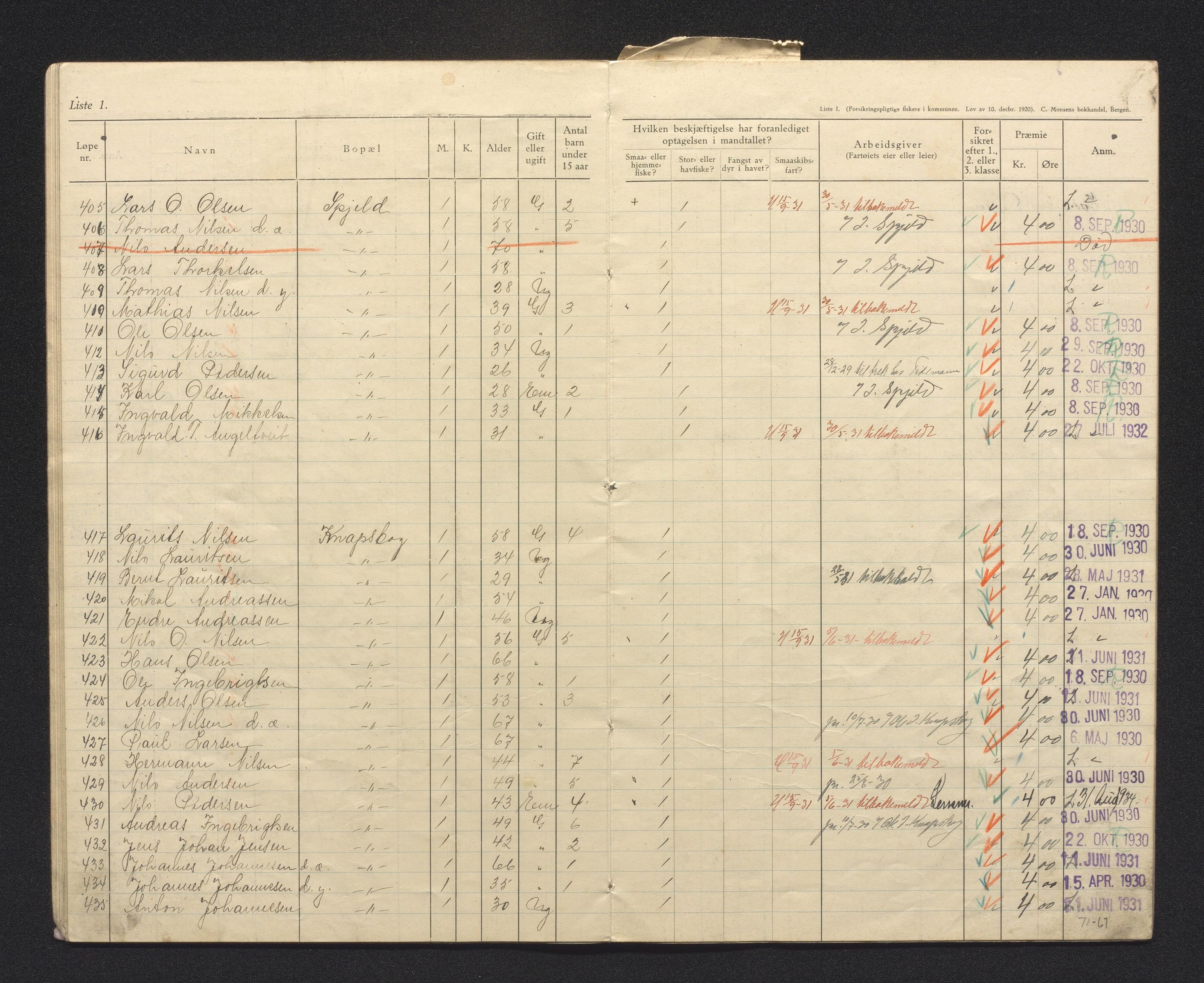 Fjell kommune. Fiskarmanntalsnemnda, IKAH/1246-352/F/Fa/L0001/0009: Fiskarmanntal / Fiskarmanntal, 1930