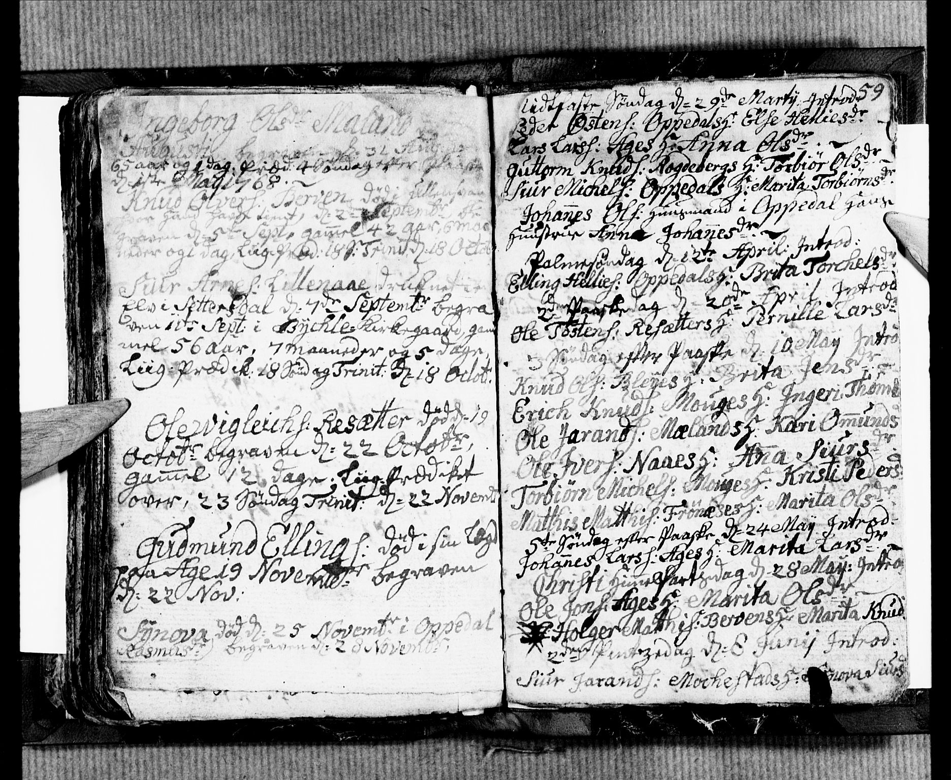 Ullensvang sokneprestembete, SAB/A-78701/H/Hab: Klokkerbok nr. B 2, 1766-1768, s. 58-59