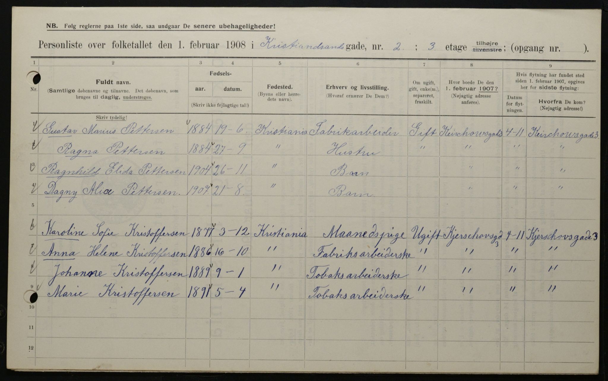 OBA, Kommunal folketelling 1.2.1908 for Kristiania kjøpstad, 1908, s. 48576