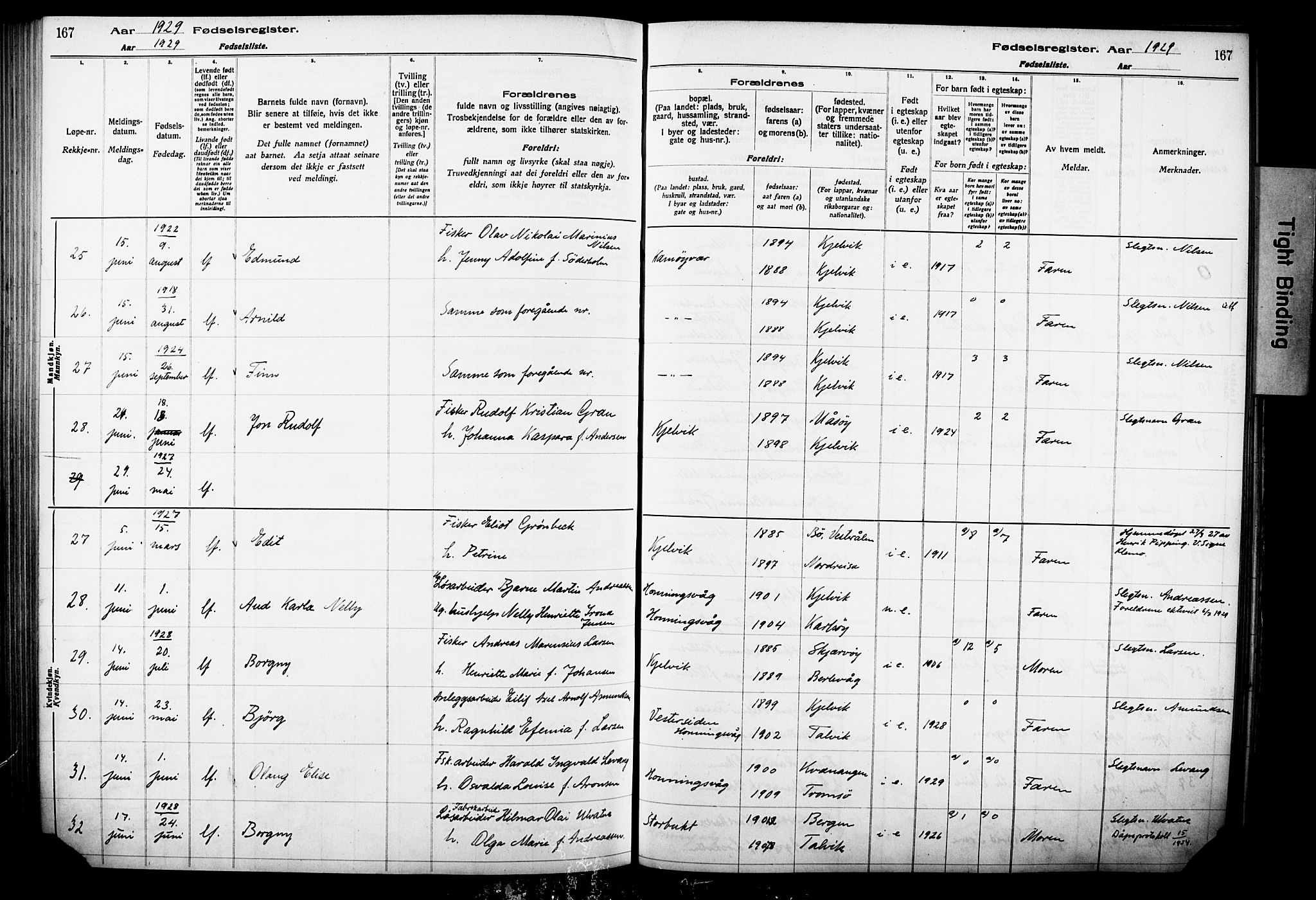 Kjelvik/Nordkapp sokneprestkontor, AV/SATØ-S-1350/I/Ia/L0015: Fødselsregister nr. 15, 1916-1930, s. 167