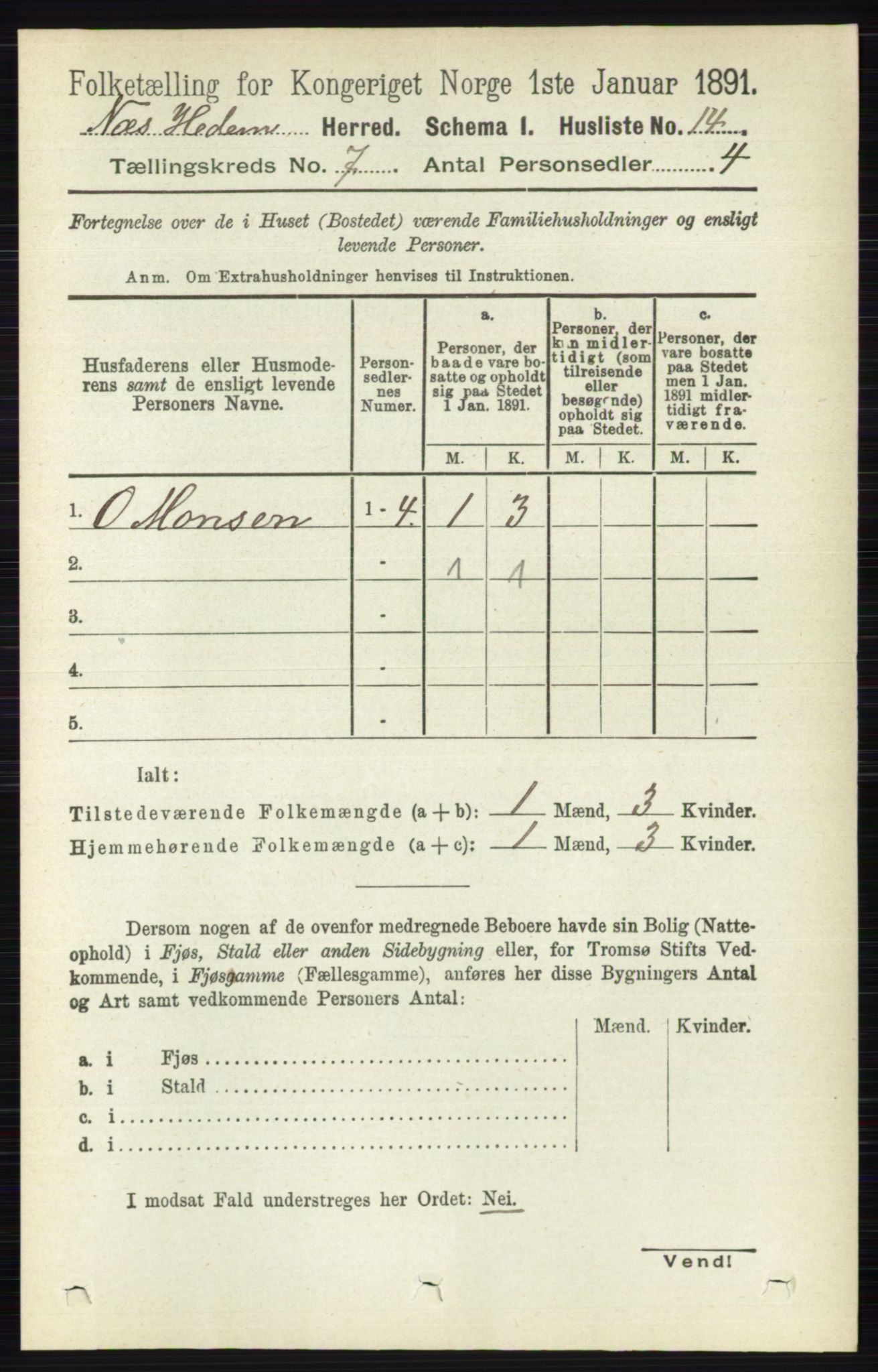 RA, Folketelling 1891 for 0411 Nes herred, 1891, s. 3842