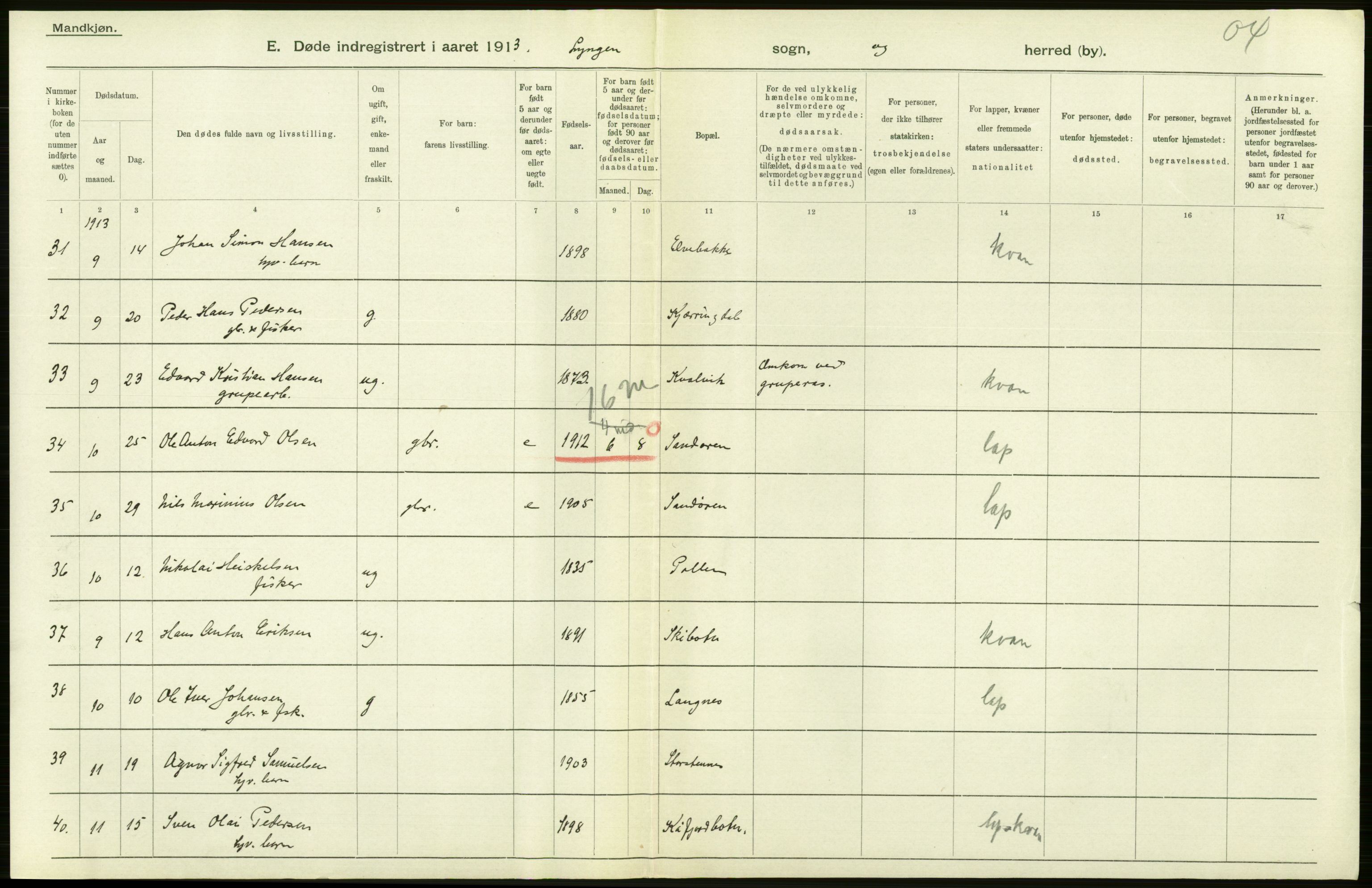Statistisk sentralbyrå, Sosiodemografiske emner, Befolkning, AV/RA-S-2228/D/Df/Dfb/Dfbc/L0047: Tromsø amt: Gifte, døde, dødfødte. Bygder og byer., 1913, s. 244