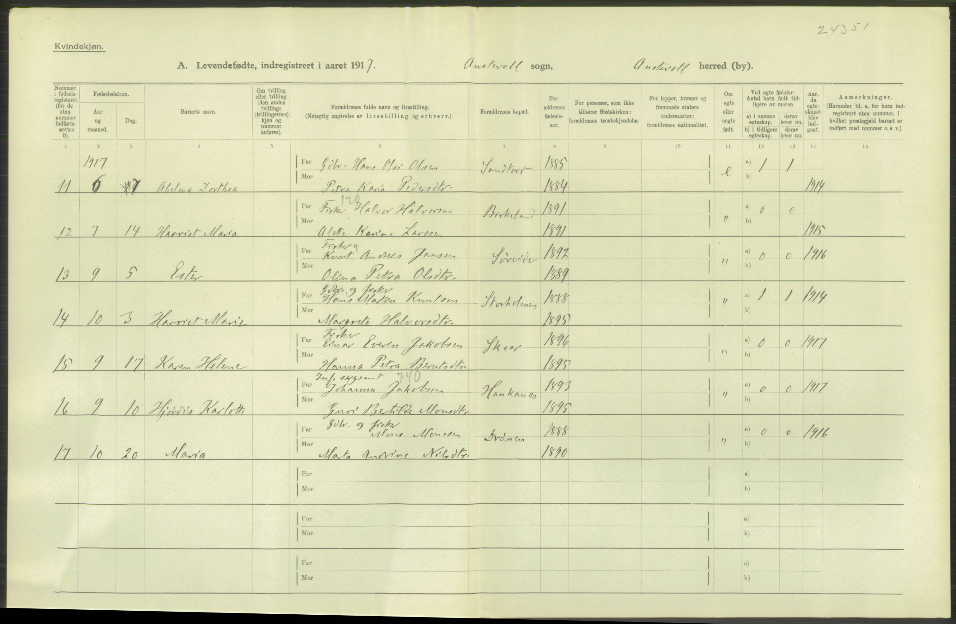 Statistisk sentralbyrå, Sosiodemografiske emner, Befolkning, RA/S-2228/D/Df/Dfb/Dfbg/L0034: S. Bergenhus amt: Levendefødte menn og kvinner. Bygder., 1917, s. 416