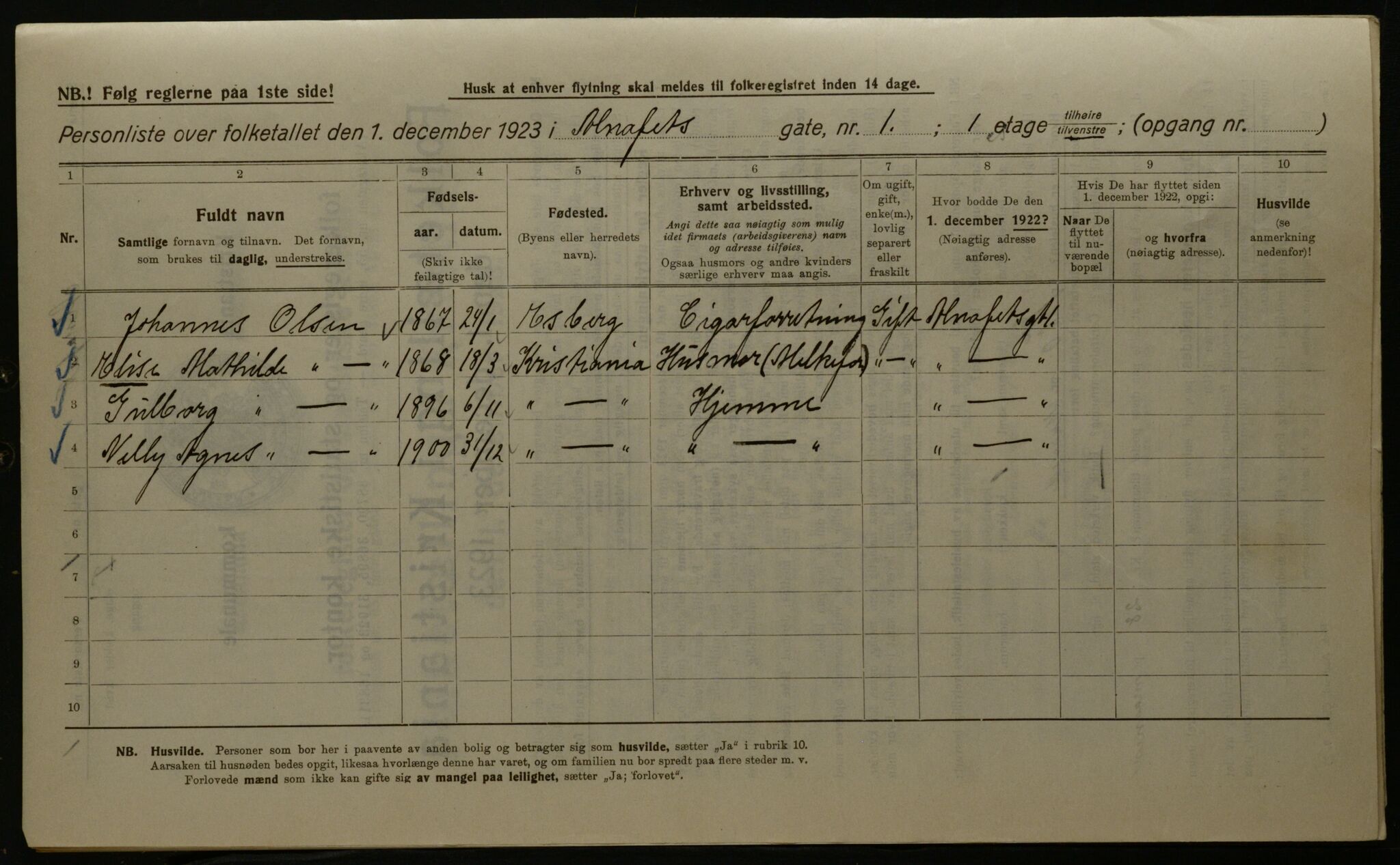 OBA, Kommunal folketelling 1.12.1923 for Kristiania, 1923, s. 1276