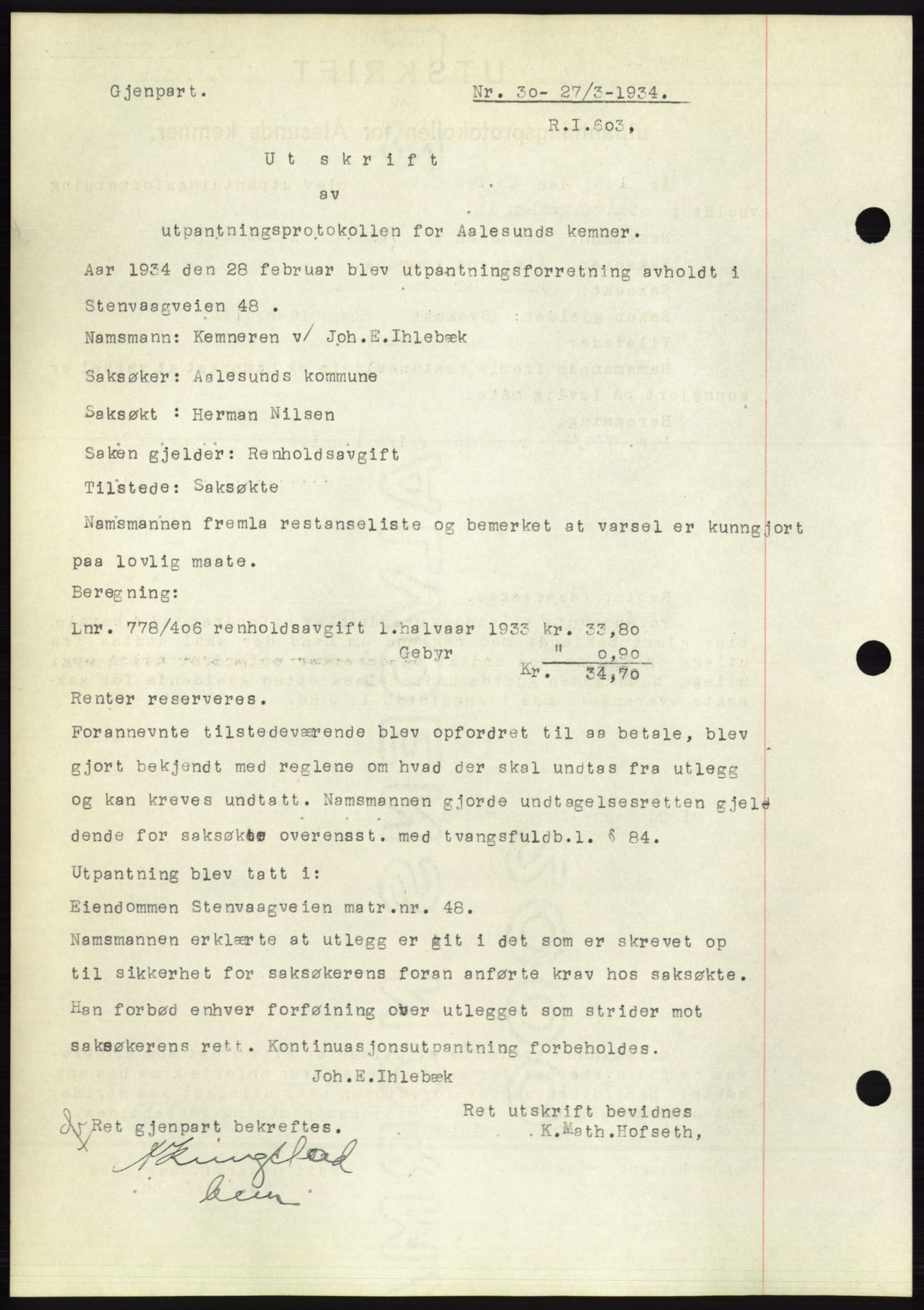 Ålesund byfogd, AV/SAT-A-4384: Pantebok nr. 31, 1933-1934, Tingl.dato: 27.03.1934