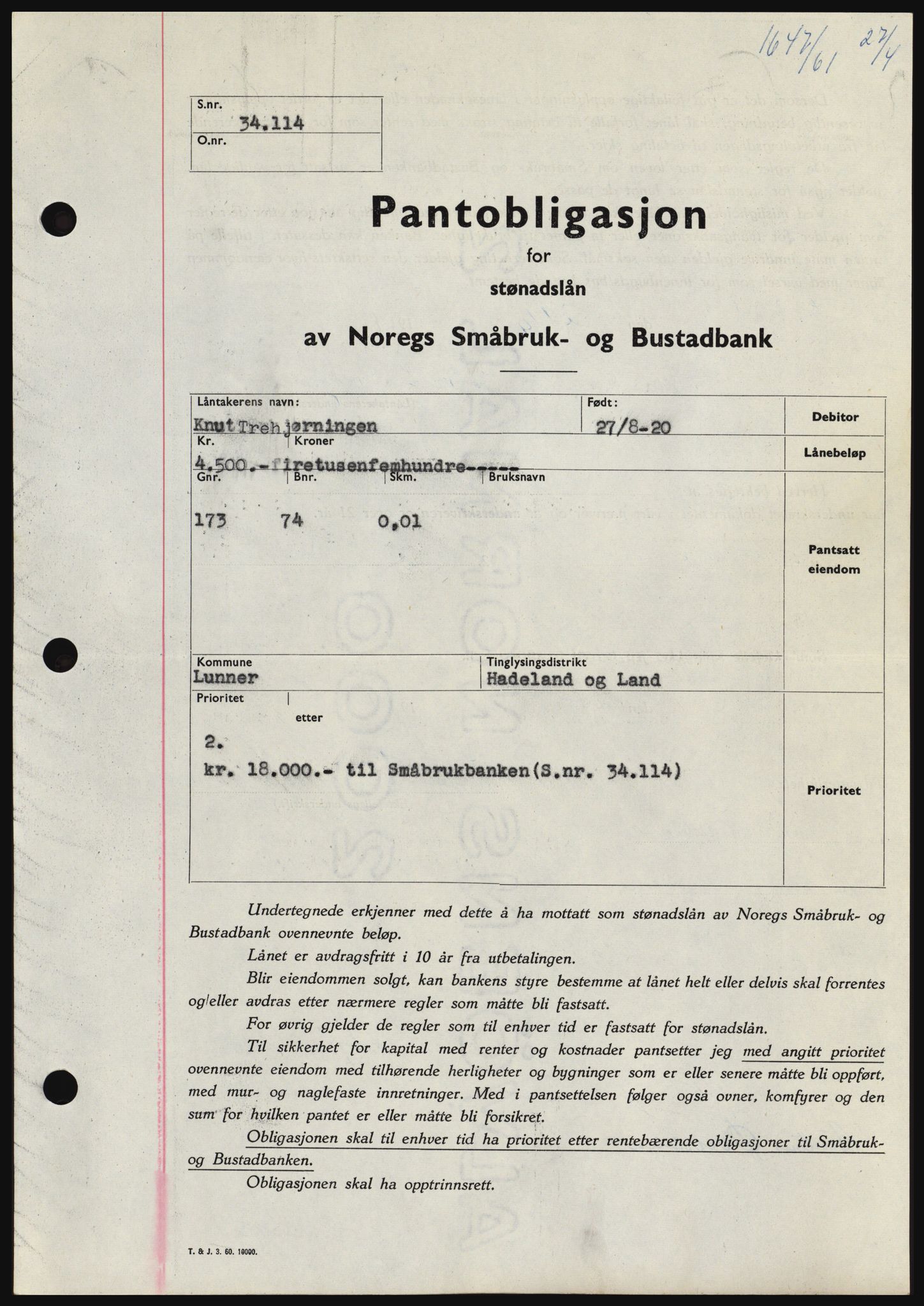 Hadeland og Land tingrett, SAH/TING-010/H/Hb/Hbc/L0045: Pantebok nr. B45, 1961-1961, Dagboknr: 1647/1961