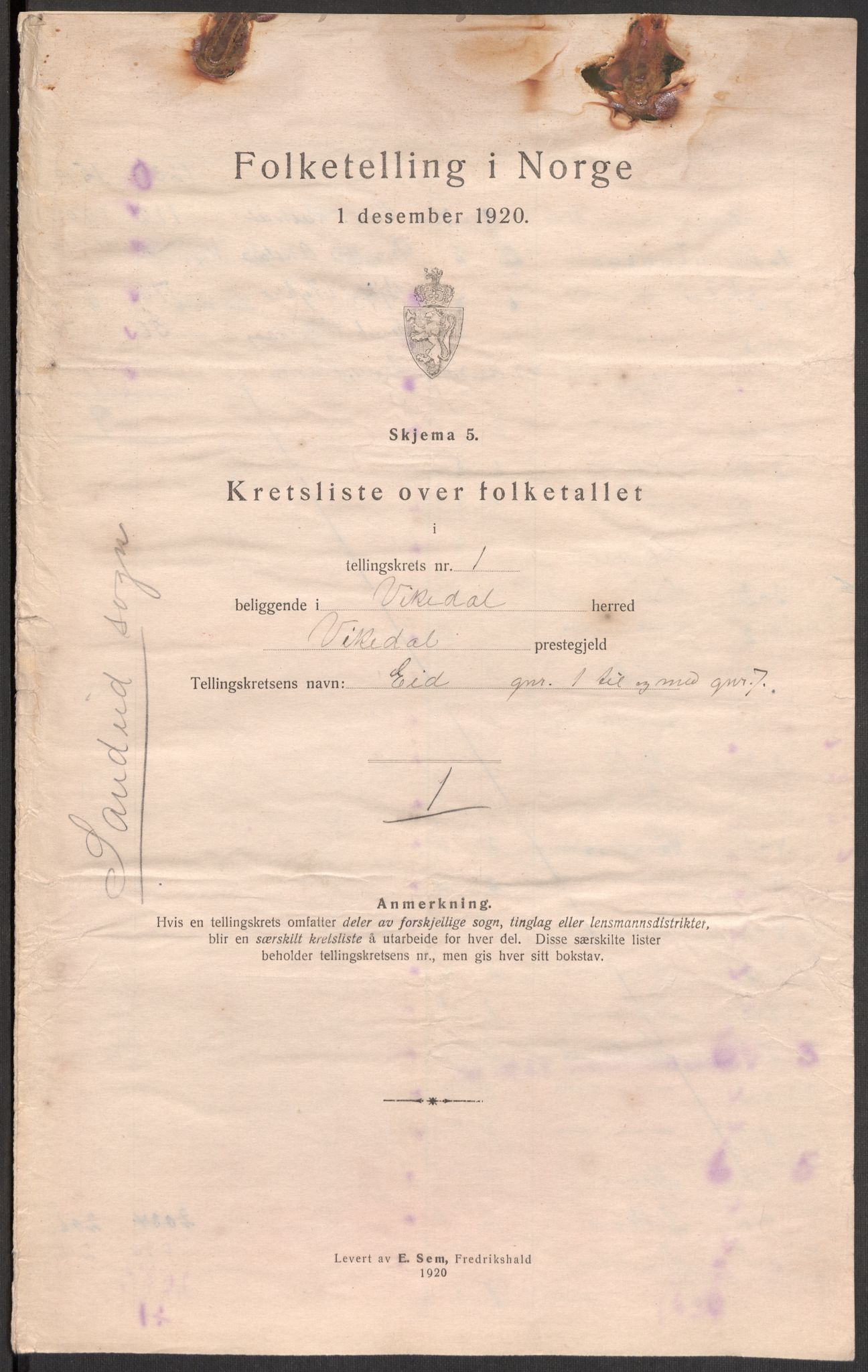SAST, Folketelling 1920 for 1157 Vikedal herred, 1920, s. 9