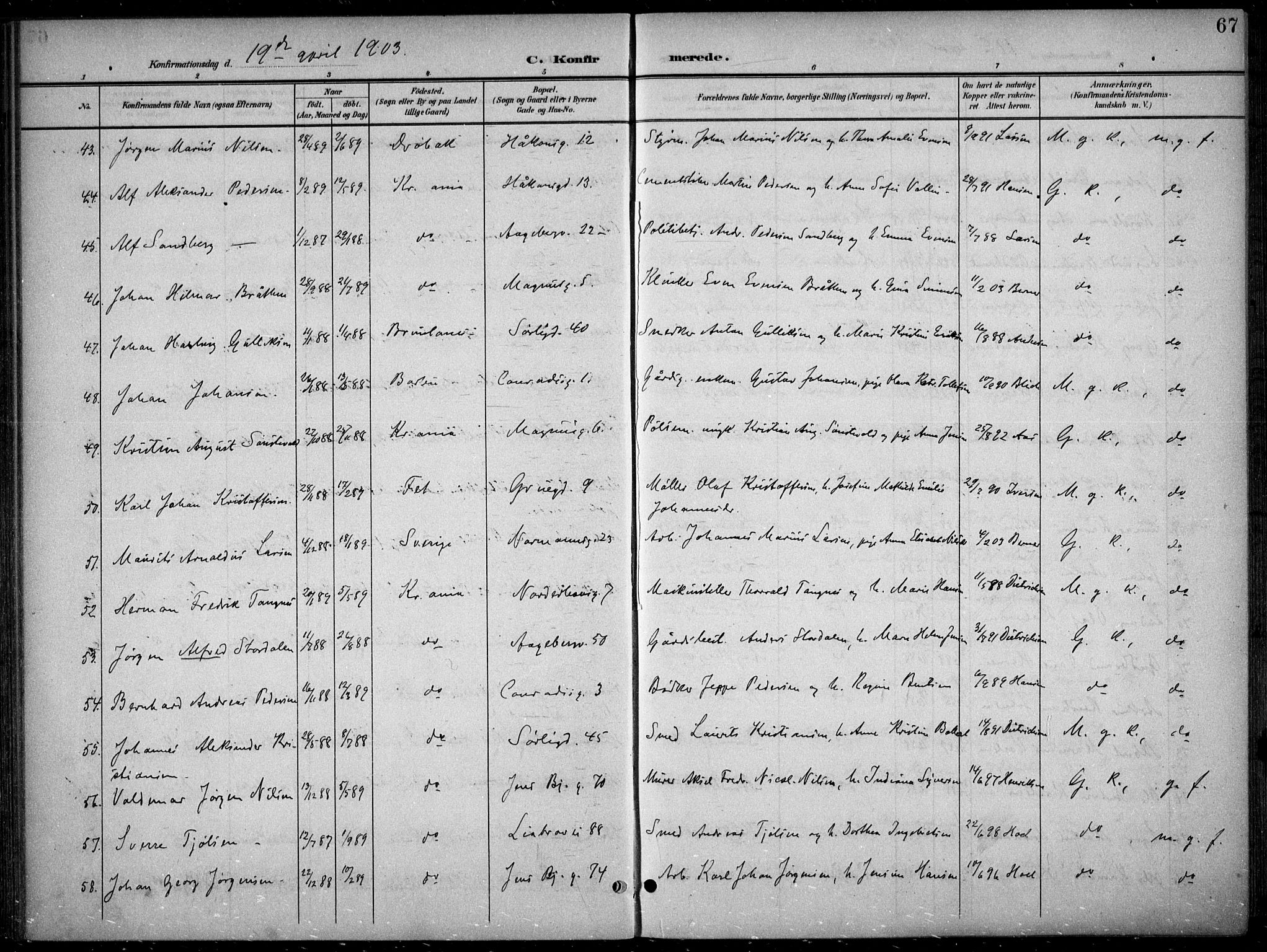 Kampen prestekontor Kirkebøker, AV/SAO-A-10853/F/Fa/L0009: Ministerialbok nr. I 9, 1899-1911, s. 67