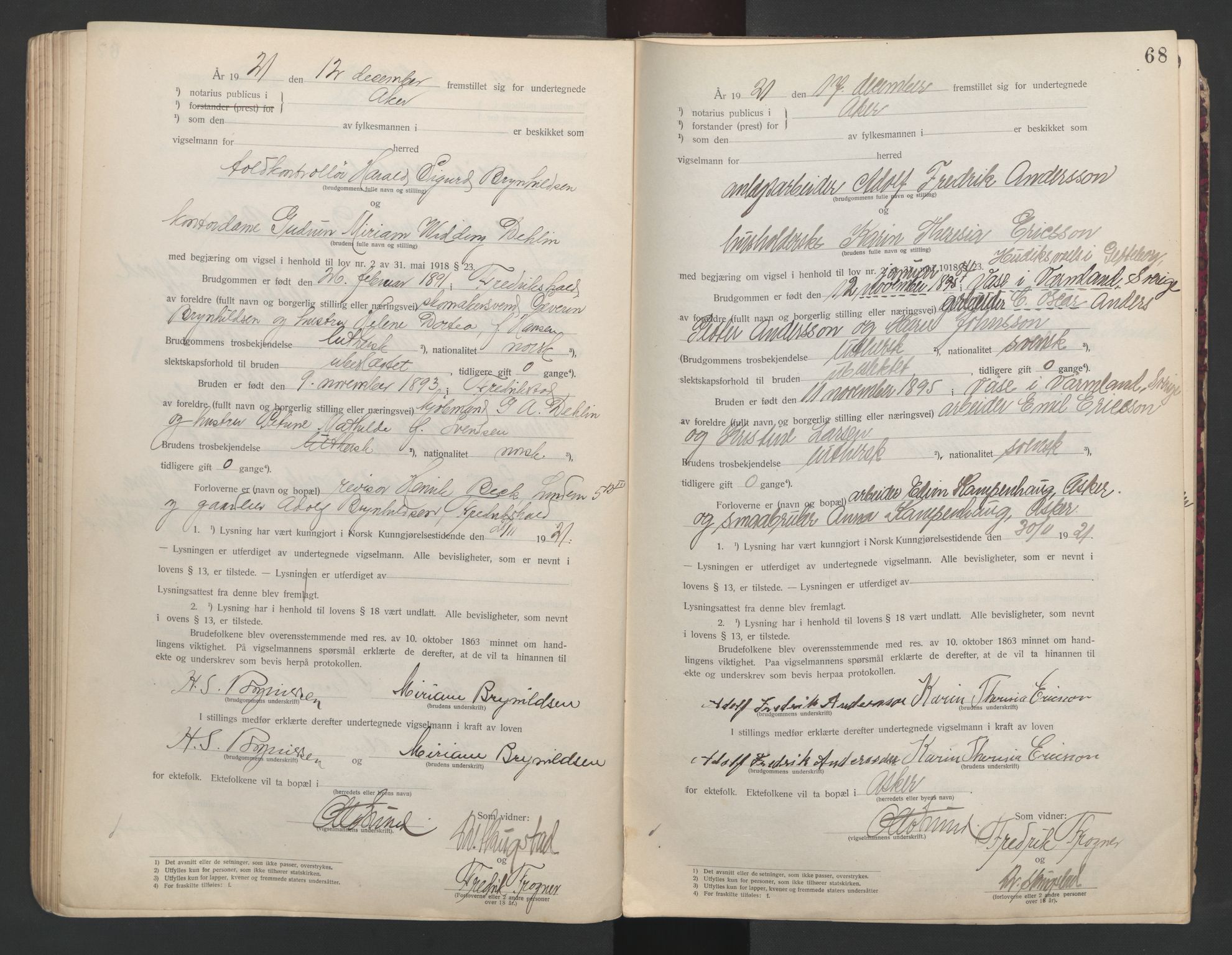 Aker sorenskriveri, AV/SAO-A-10895/L/Lc/Lcb/L0001: Vigselprotokoll, 1920-1922, s. 68