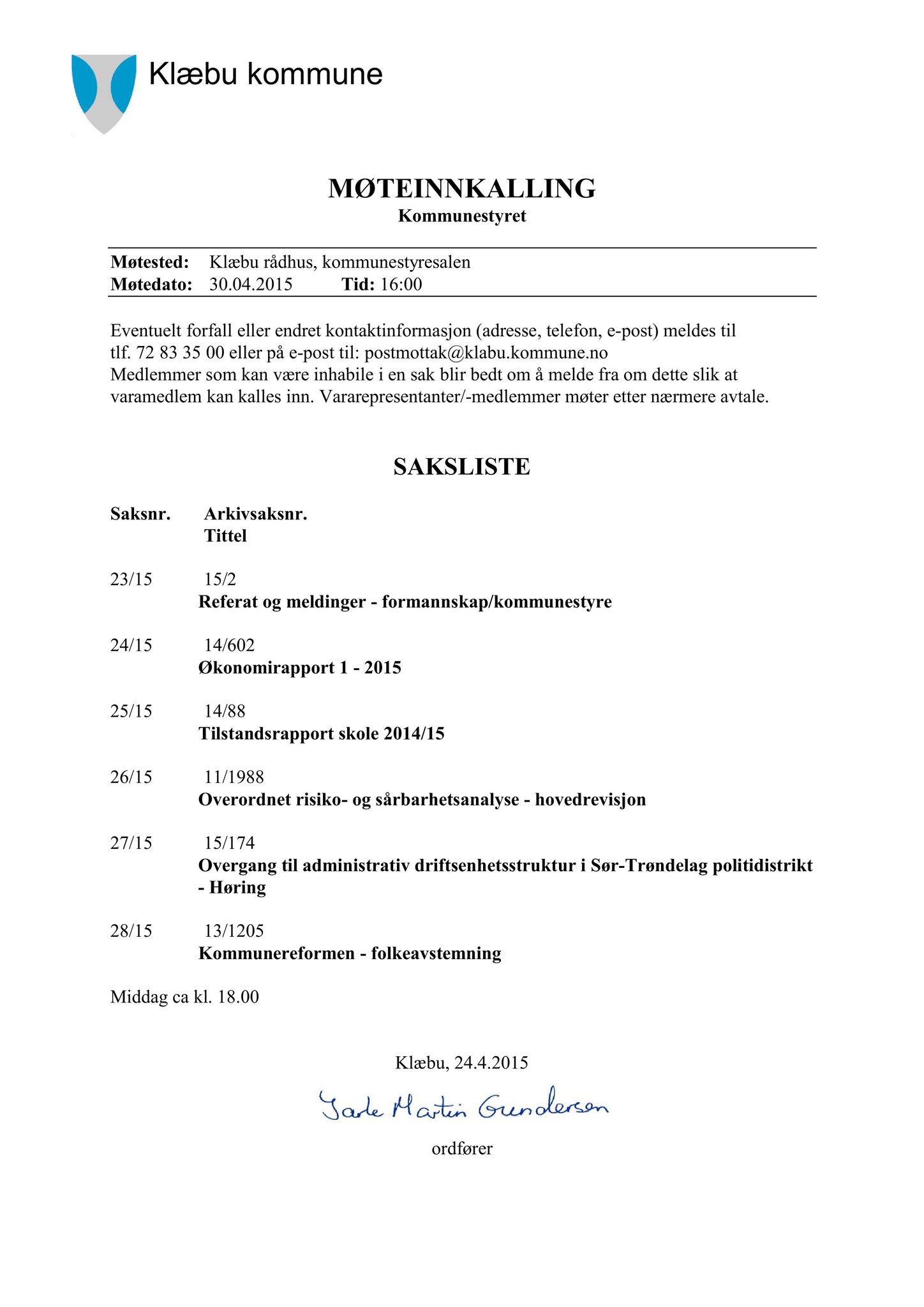 Klæbu Kommune, TRKO/KK/01-KS/L008: Kommunestyret - Møtedokumenter, 2015, s. 575