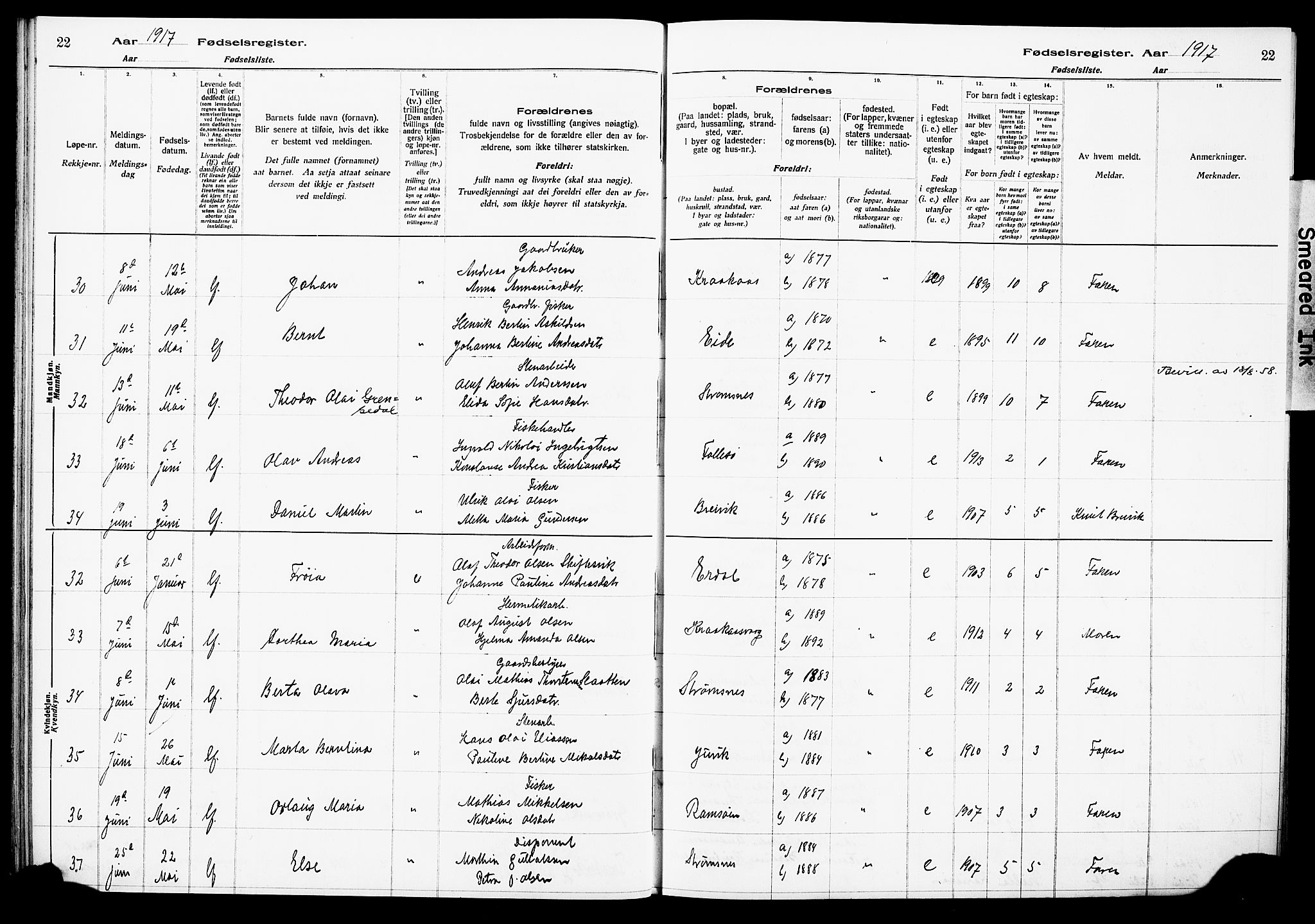 Askøy Sokneprestembete, SAB/A-74101/I/Id/L00A1: Fødselsregister nr. A 1, 1916-1928, s. 22